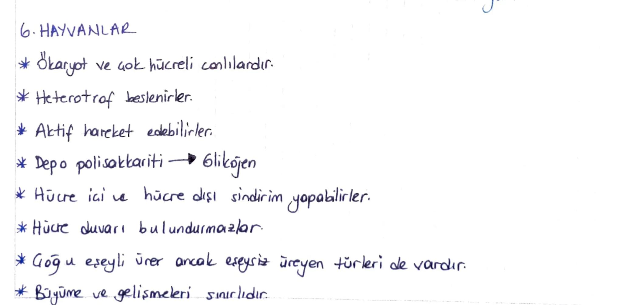 6. HAYVANLAR
* Ökaryot ve çok hücreli canlılardır.
*Heterotrof beslenirler.
Aktif hareket edebilirler.
* Depo polisakkariti
Glikojen
* Hücre