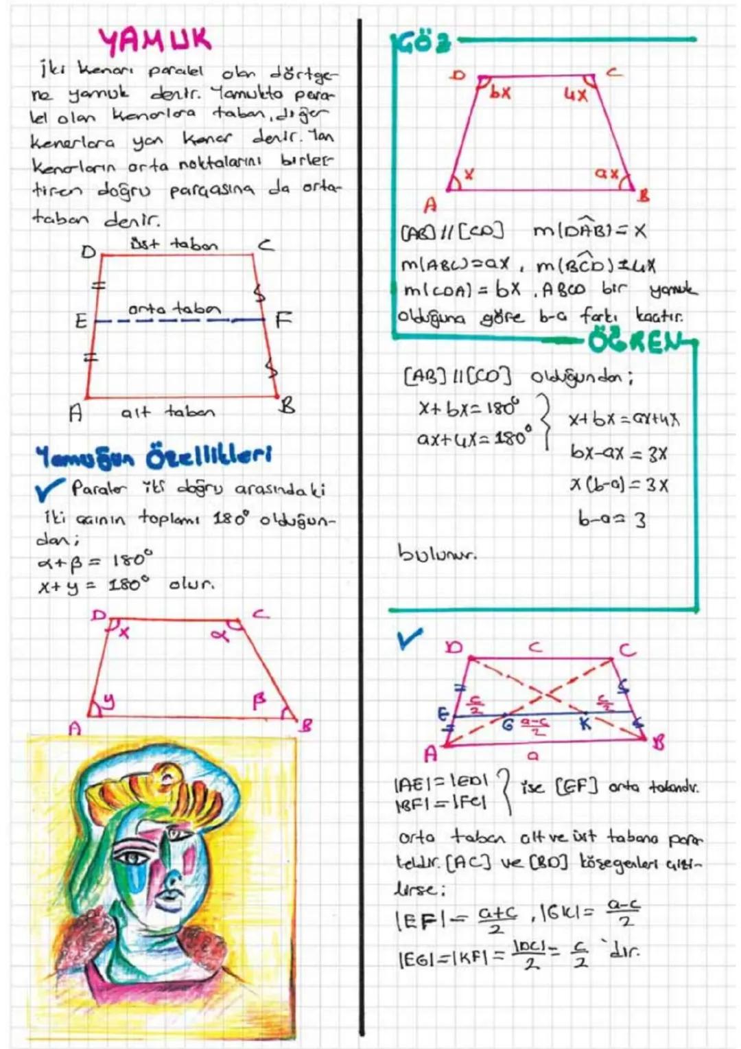 0
YAMUK
jki kenari paralel olan dörtge
ne yamuk denir. Yamukto para
lel olan kenarlara taban, diğer
kenerlara yan kanar denir. Yan
kenoların
