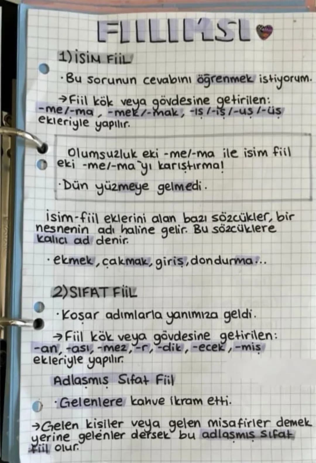 FILLEST
1)ISIN FIIL
·Bu sorunun cevabını öğrenmek istiyorum.
Fiil kök veya gövdesine getirilen:
-me/-ma-mek/-mak, -15/-15/-us/-üs
ekleriyle 