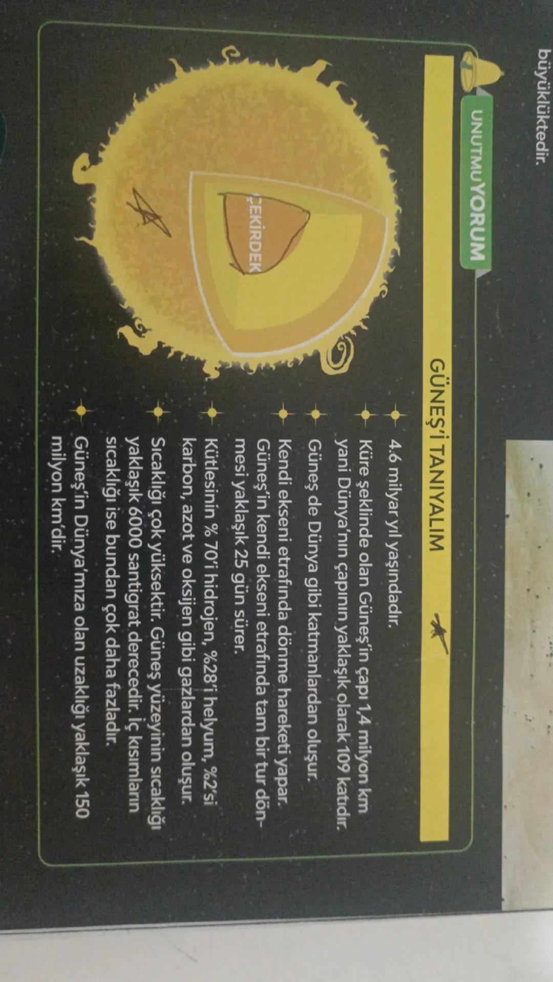 büyüklüktedir.

UNUTMUYORUM

CEKİRDEK

GÜNEŞ'İ TANIYALIM

4.6 milyar yıl yaşındadır.

Küre şeklinde olan Güneş'in çapı 1,4 milyon km
yani Dü