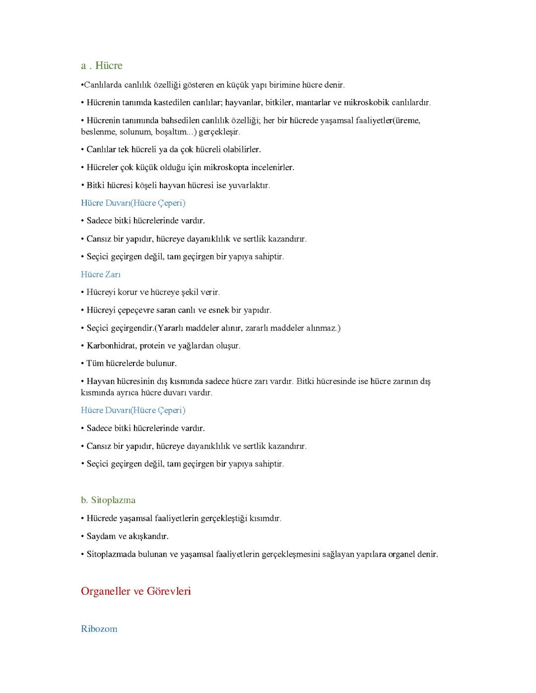 Hücre: 7. Sınıf Fen Bilimleri Ders Notları