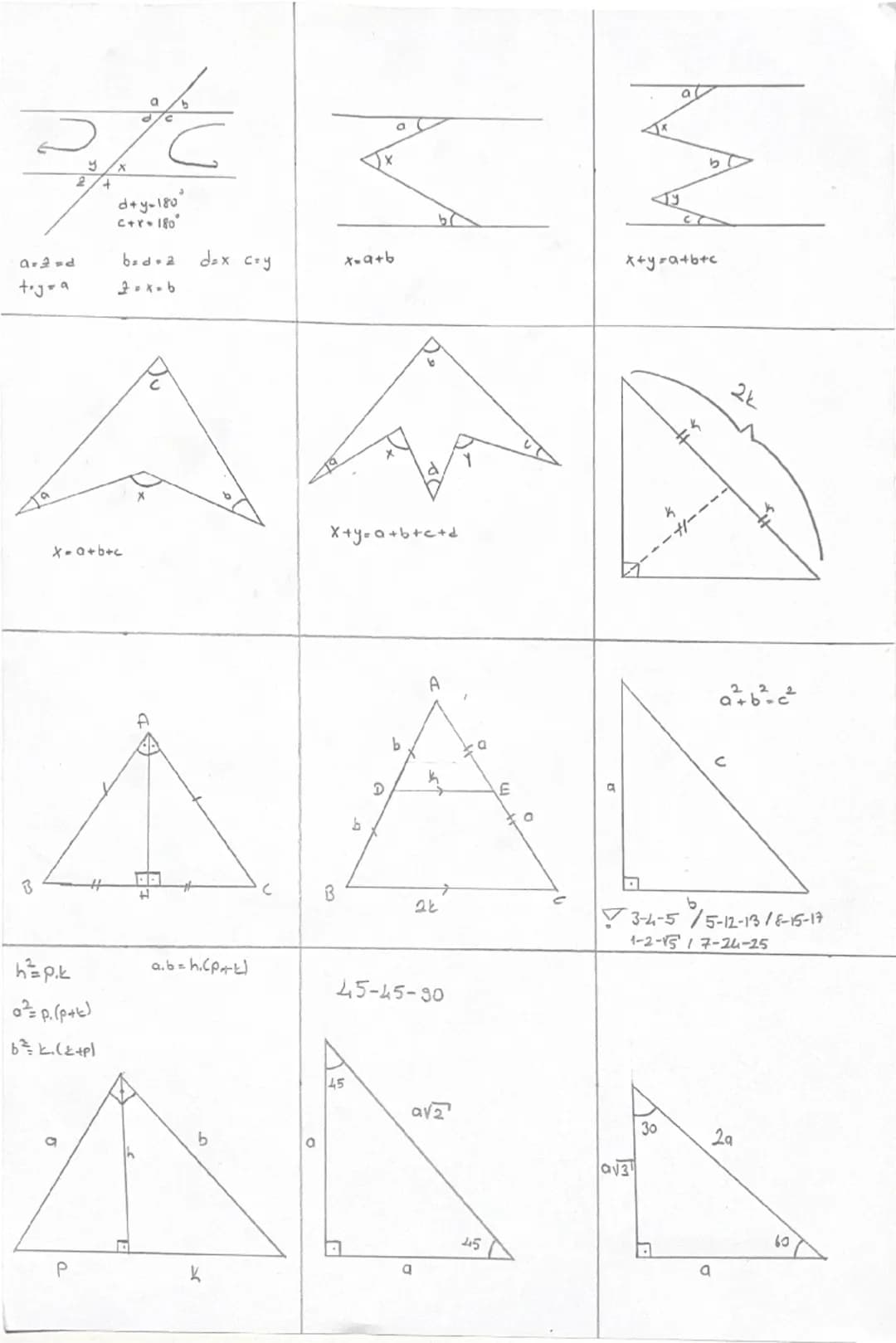 x
2
+
d+y-180°
a
b
c+8+180°
and
bed a
dex coy
x-9+b
x+y=a+b+c
2-x-b
x+y=a+b+c+d
x+a+b+c
B
h²=p.k
a² = p. (p+t)
b² k. (k+p)
a.b=h.(p+k)
D
B
b