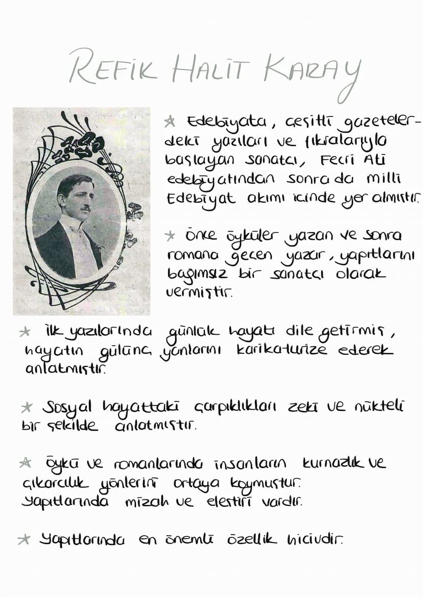 REFİK HALIT KARAY
* Edebiyata, çeşitli gazeteler-
deki yazıları ve fıkralarıyla
başlayan sanatci, Fecri Ati
edebiyatından sonra da milli
Ede