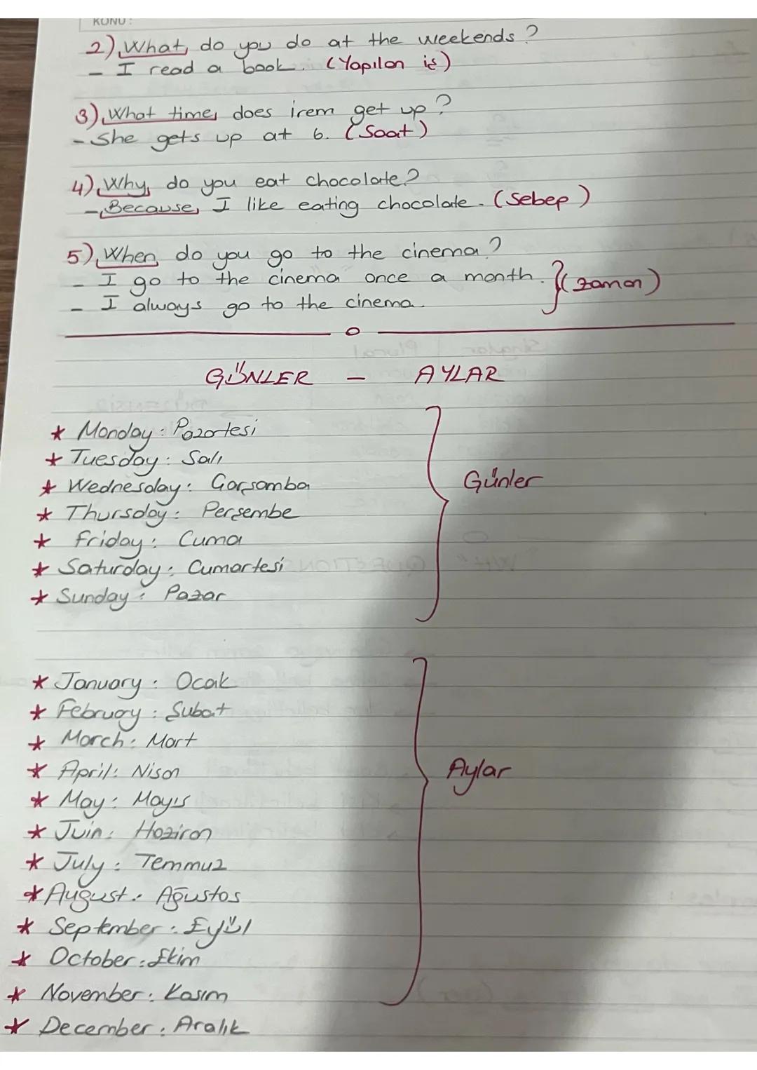 KONU

2) What do you do at the weekends?
- I read a book (Yapılan is)

3) What time, does irem get up?
- She gets up at 6. (Soat)

4) Why do