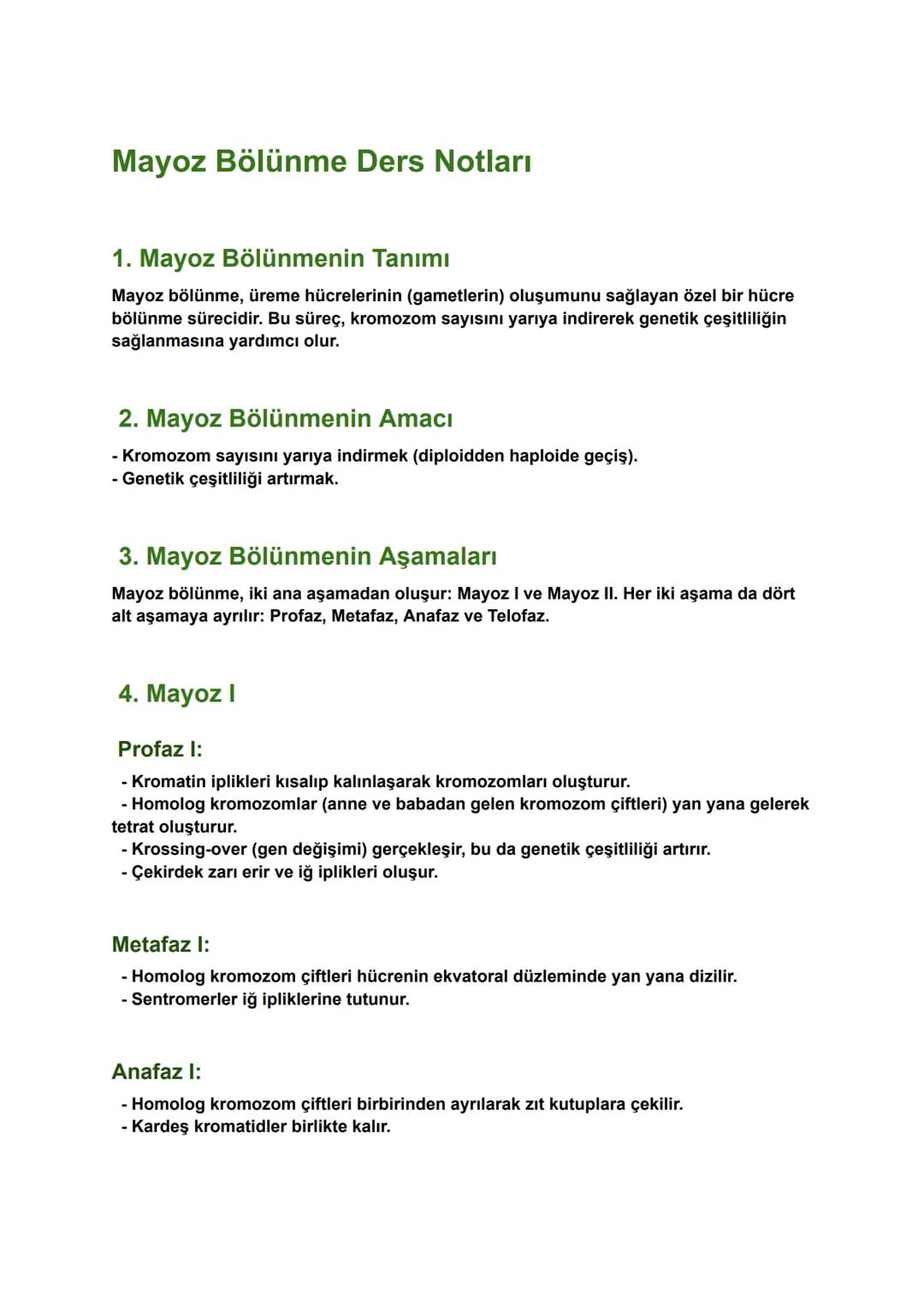 Mayoz Bölünme Ders Notları
1. Mayoz Bölünmenin Tanımı
Mayoz bölünme, üreme hücrelerinin (gametlerin) oluşumunu sağlayan özel bir hücre
bölün