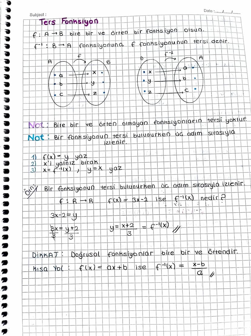 Subject:
Ters Fonksiyon
f: AB
bire bir ve
örten bir fonksiyon olsun.
f: B-A fonksiyonuna f fonksiyonunun
A
f
B
B
- a
فه
☑
.
X
6
fo
-1
>
Date