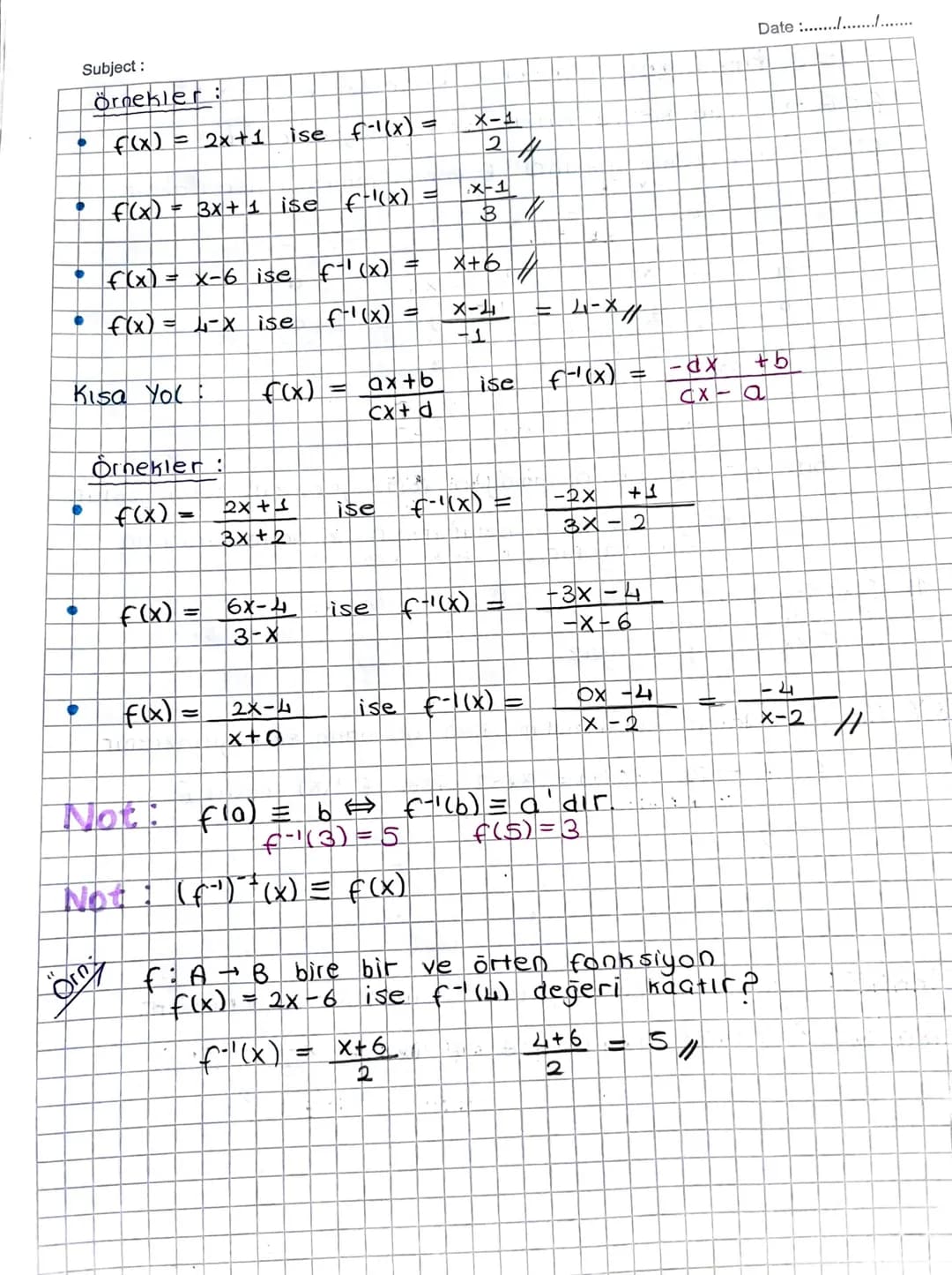 Subject:
Ters Fonksiyon
f: AB
bire bir ve
örten bir fonksiyon olsun.
f: B-A fonksiyonuna f fonksiyonunun
A
f
B
B
- a
فه
☑
.
X
6
fo
-1
>
Date