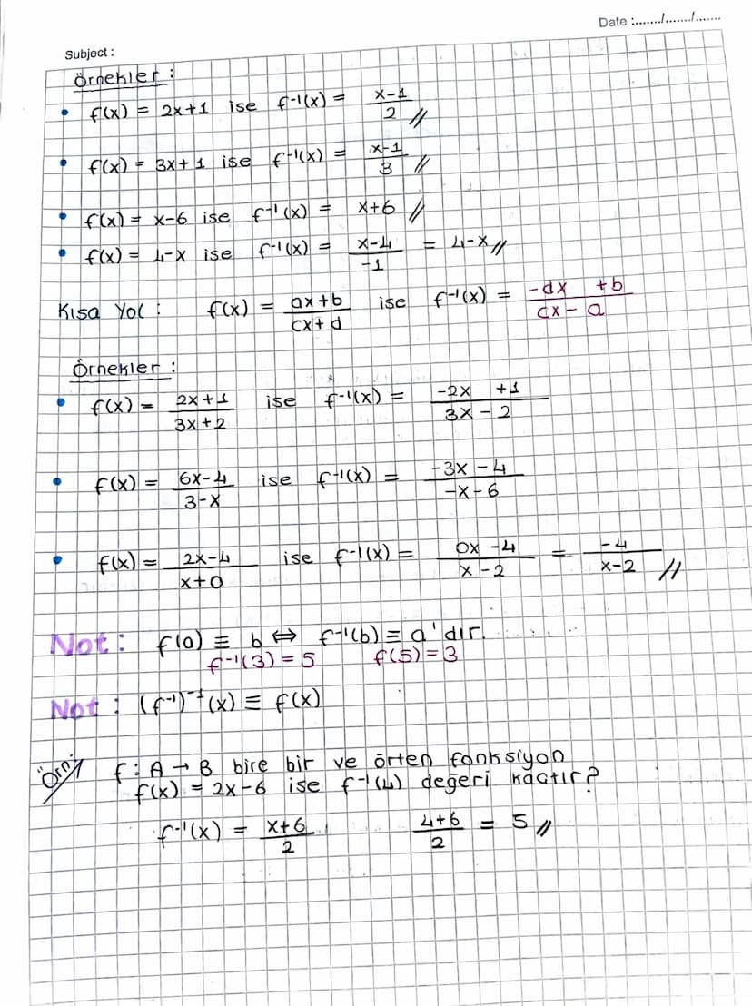Subject:
Ters Fonksiyon
f: AB
bire bir ve
örten bir fonksiyon olsun.
f: B-A fonksiyonuna f fonksiyonunun
A
f
B
B
- a
فه
☑
.
X
6
fo
-1
>
Date