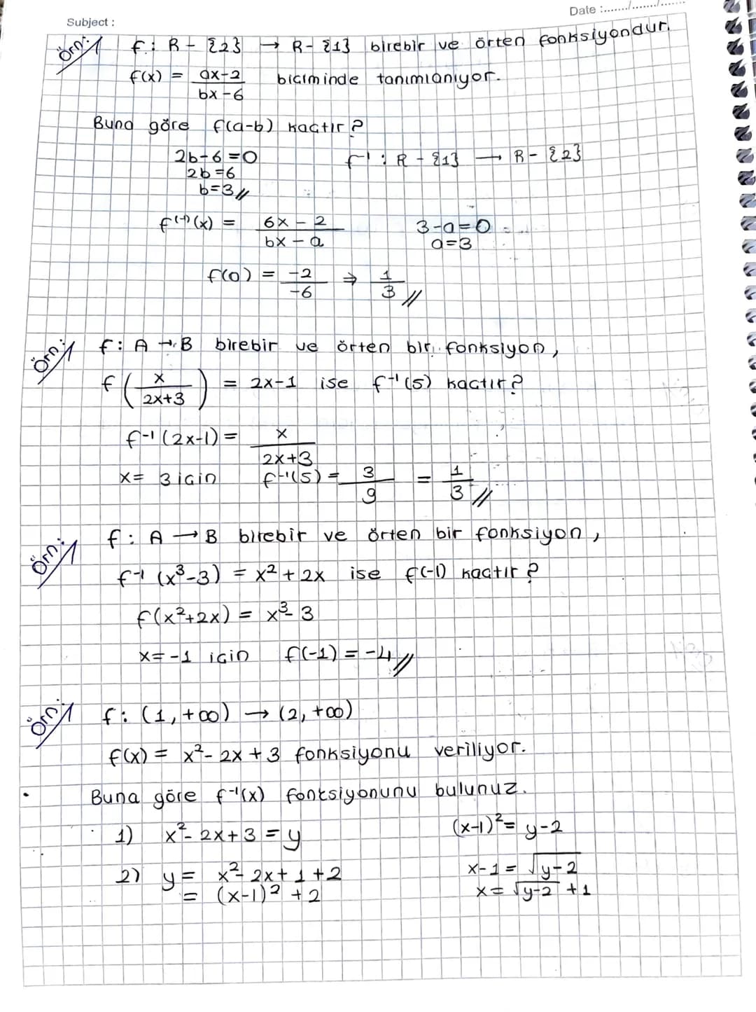 Subject:
Ters Fonksiyon
f: AB
bire bir ve
örten bir fonksiyon olsun.
f: B-A fonksiyonuna f fonksiyonunun
A
f
B
B
- a
فه
☑
.
X
6
fo
-1
>
Date