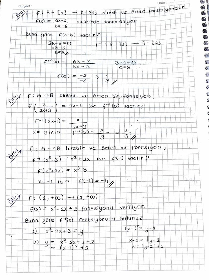 Subject:
Ters Fonksiyon
f: AB
bire bir ve
örten bir fonksiyon olsun.
f: B-A fonksiyonuna f fonksiyonunun
A
f
B
B
- a
فه
☑
.
X
6
fo
-1
>
Date