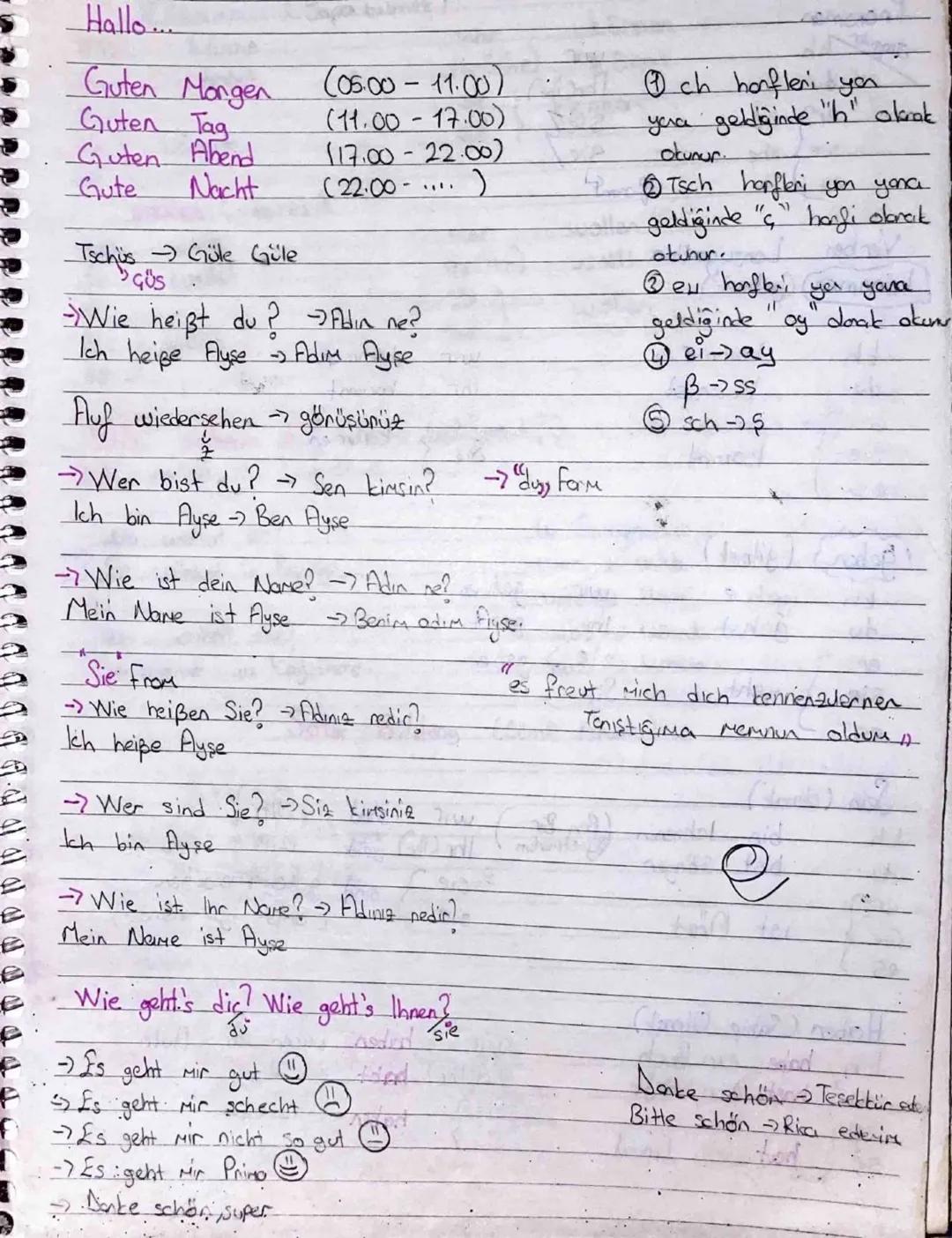 Hallo...
e
Guten Morgen
(05.00-11.00)
Guten Tag
(11.00-17.00)
Guten Abend
Gute
Nacht
Tschüs → Güle Güle
GÜS
(17.00-22.00)
(22.00-
Wie heißt 