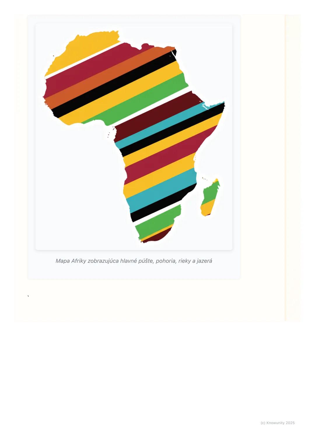 # Povrch a vodstvo Afriky

1.  Úvod do povrchu a vodstva Afriky

Afrika je obrovský kontinent a má veľmi rozmanitý povrch a veľa zaujímavých