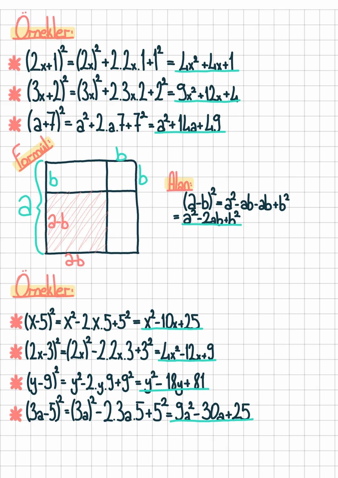- Tam Kare Ozdesliği o

*2 terimin toplamının karesi aedestir.

Formü

$(x+y)=(x+y) (x+y)= x²+xy+xy+y² = x²+2xy+y²$

*(a+3)²= a²+2.2.3+3=a6a