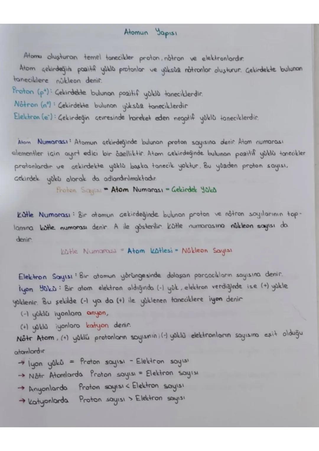 Atomun Yapısı
Atomu oluşturan temel tanecikler proton, nôtron ve elektronlardır.
Atom çekirdeğin positif yüklü protonlar ve yüksüz nötronlar