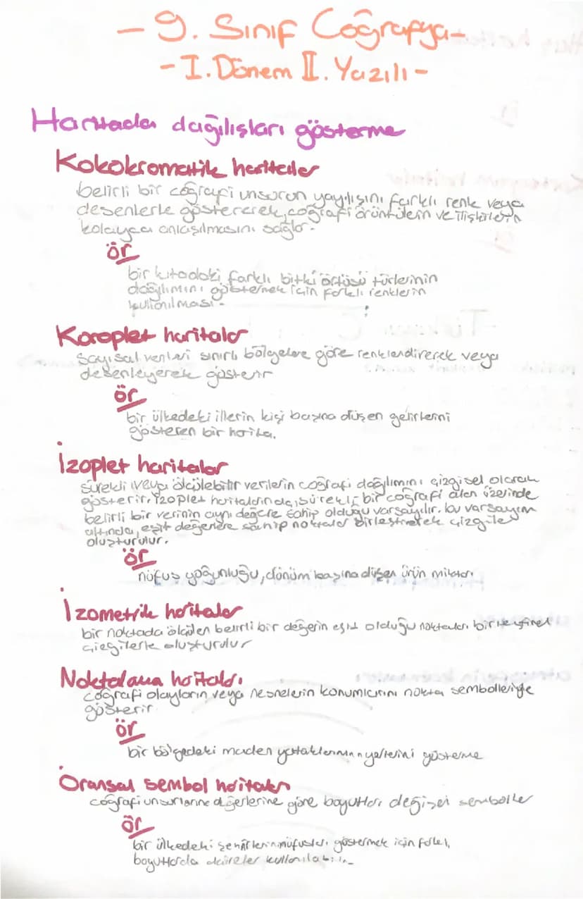 -9. Sınıf Coğrafya-ha
-I.Dönem 1.Yazılı-
Hachada dağılışları gösterme
Kokokromatike hatteller
belirli bir coğrafi unsurun yayılışını farklı 