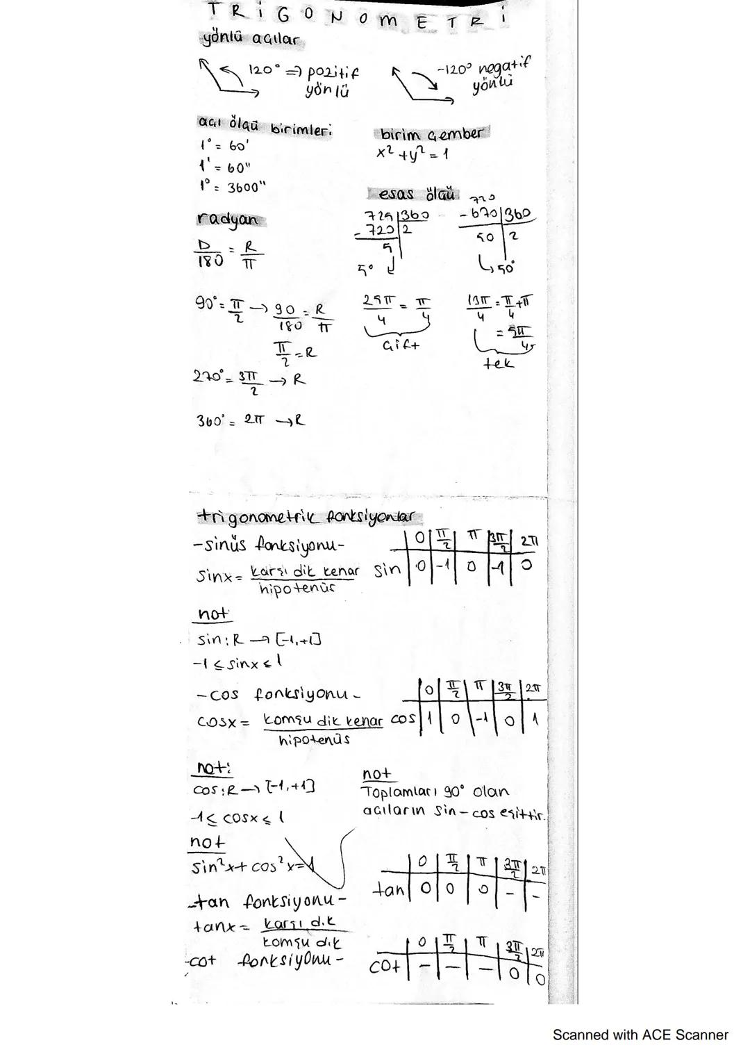 TRIGONOMETR
yönlü açılar
120° = pozitif
yönlü
-120° negatif
yönni
açı öŏlau birimler:
birim Gember
1° = 60'
1'=60"
x² + y² =
= 1
D
=
180
1° 