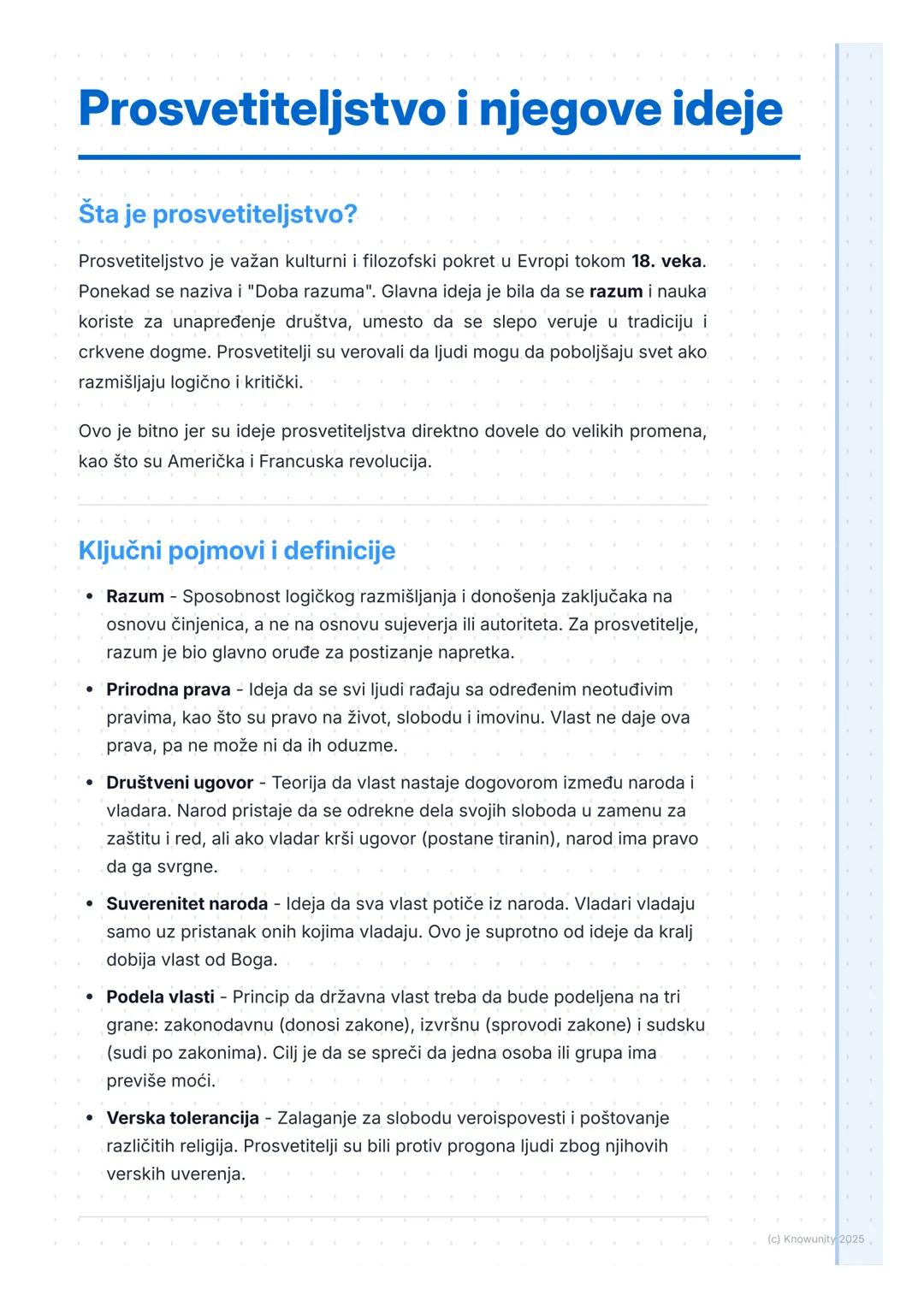 # Prosvetiteljstvo i njegove ideje

## Šta je prosvetiteljstvo?

Prosvetiteljstvo je važan kulturni i filozofski pokret u Evropi tokom 18. v