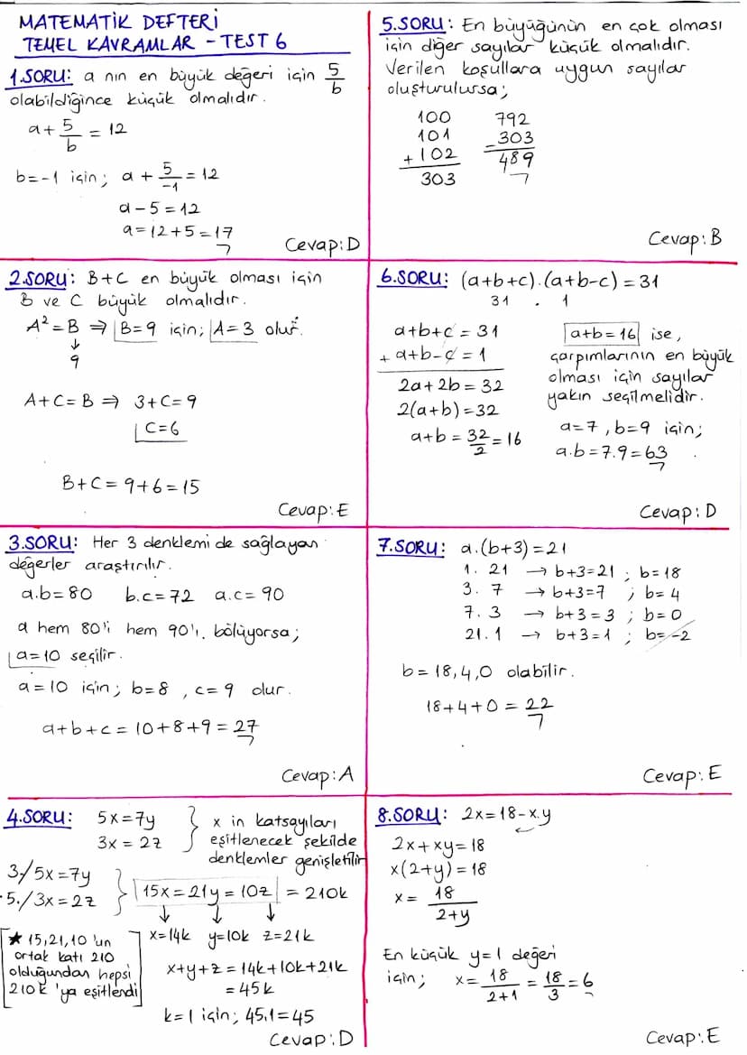 MATEMATIK DEFTERİ
TEMEL KAVRAMLAR - TEST 1
1.SORU: x-8=
3.Y
←
1x-3y = 8
(x-3y). x-24.y = 8x-24. y = 8(x-3y)
8
=
8.8=64
Cevap: E
5.SORU: x ve