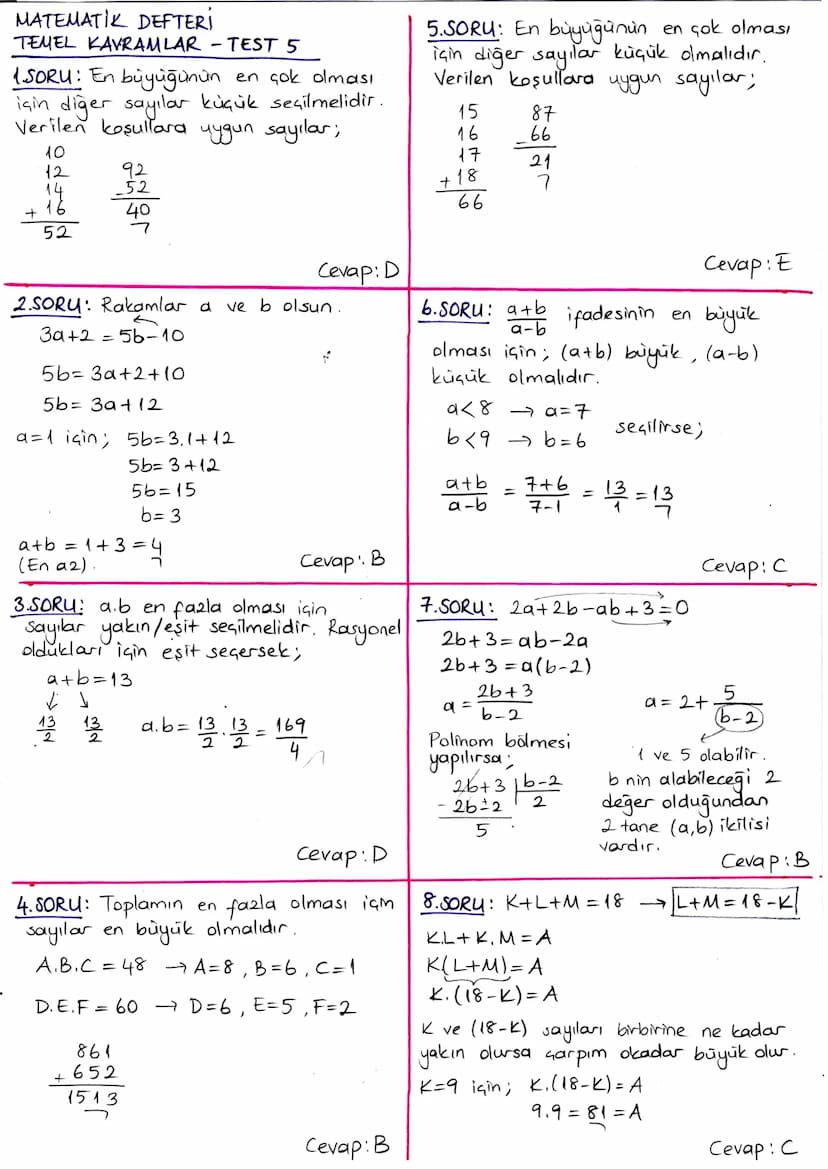 MATEMATIK DEFTERİ
TEMEL KAVRAMLAR - TEST 1
1.SORU: x-8=
3.Y
←
1x-3y = 8
(x-3y). x-24.y = 8x-24. y = 8(x-3y)
8
=
8.8=64
Cevap: E
5.SORU: x ve