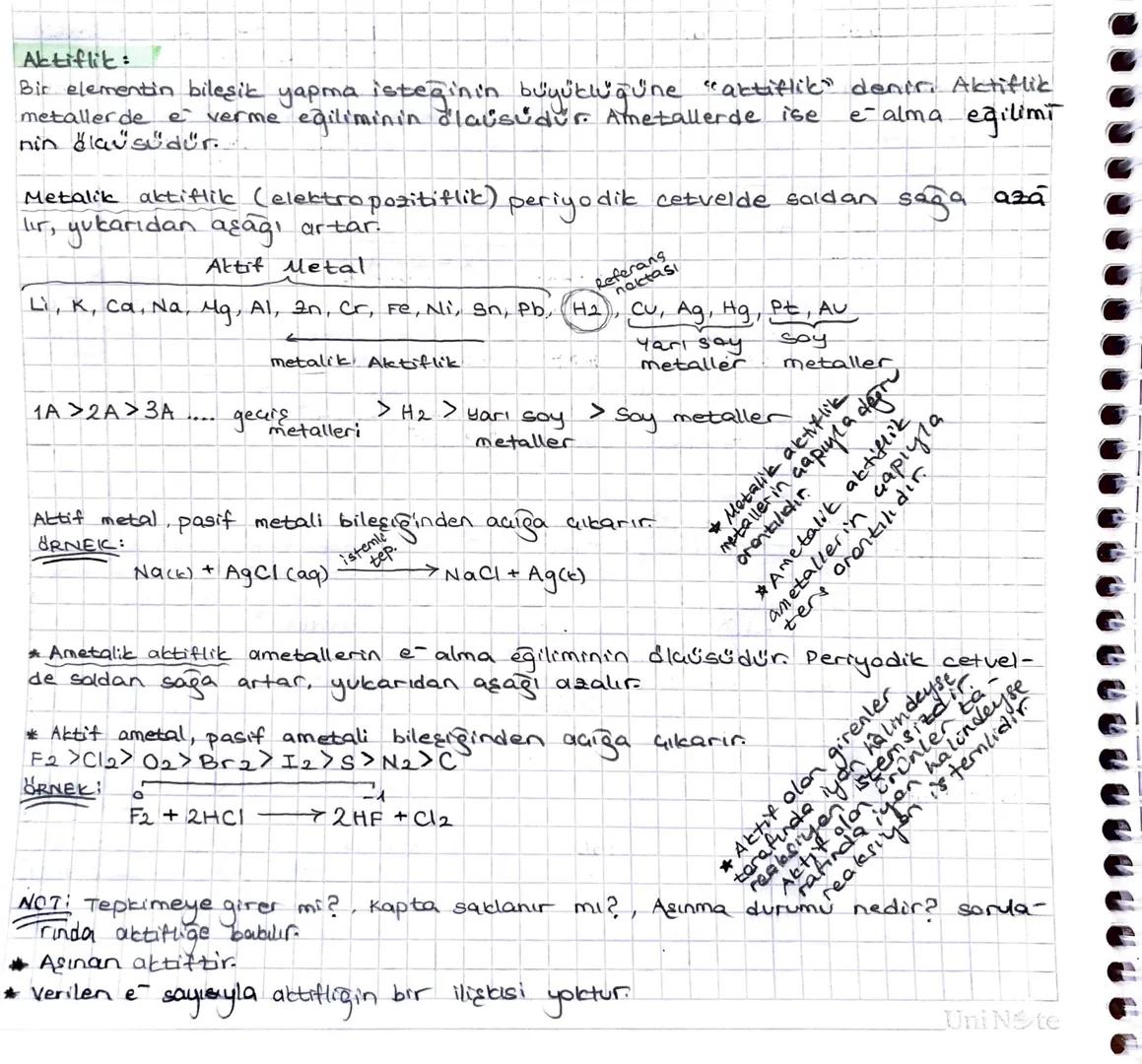 Aktiflik
Bir elementin bileşik yapma isteğinin büyüklüğüne "aktiflik" denir. Aktiflic
metallerde e verme eğiliminin dlausudur. Ametallerde i