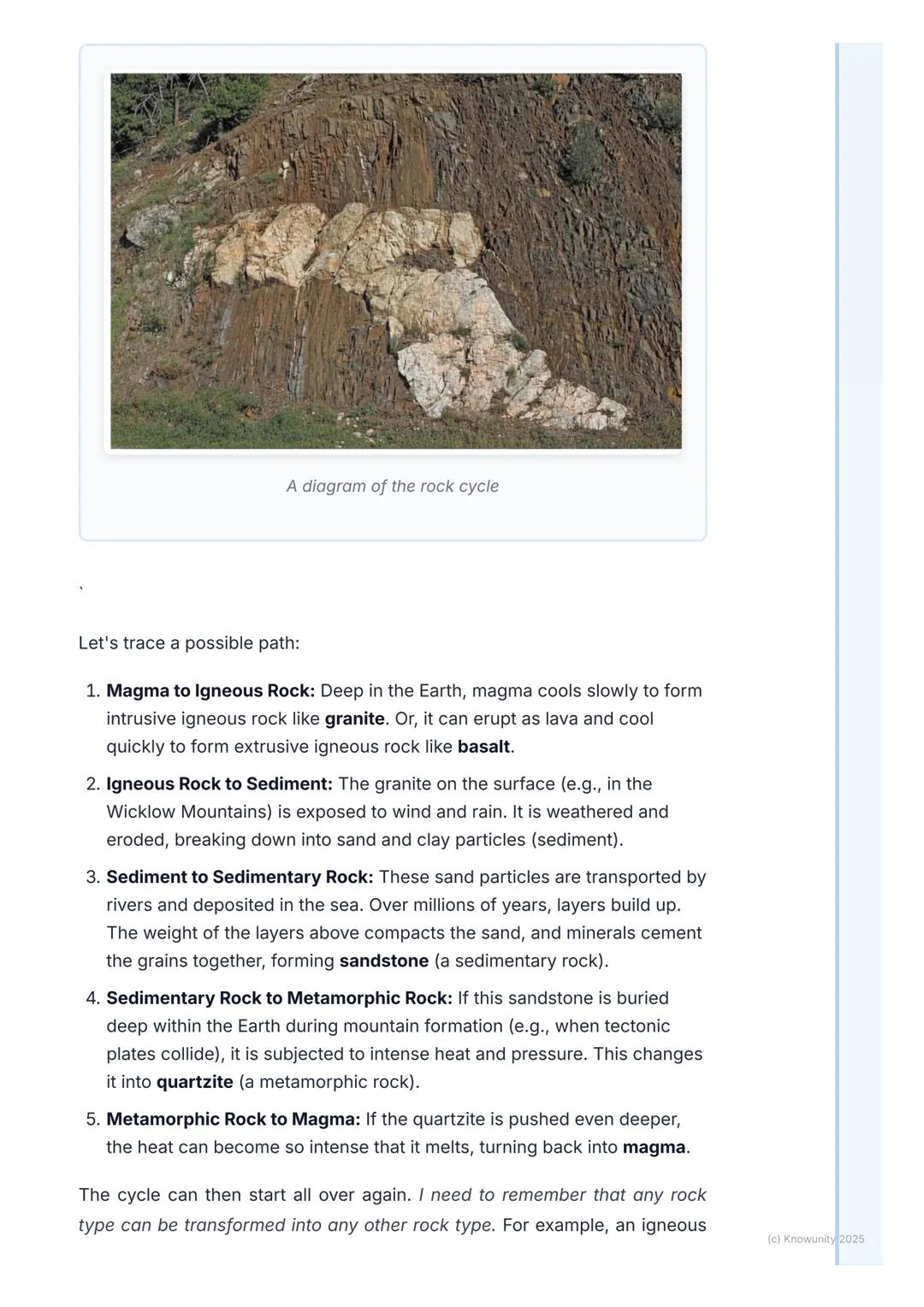 # Rocks and the Rock Cycle

An introduction to rocks

The Earth's crust is made up of different types of rocks. Rocks are naturally
occurrin