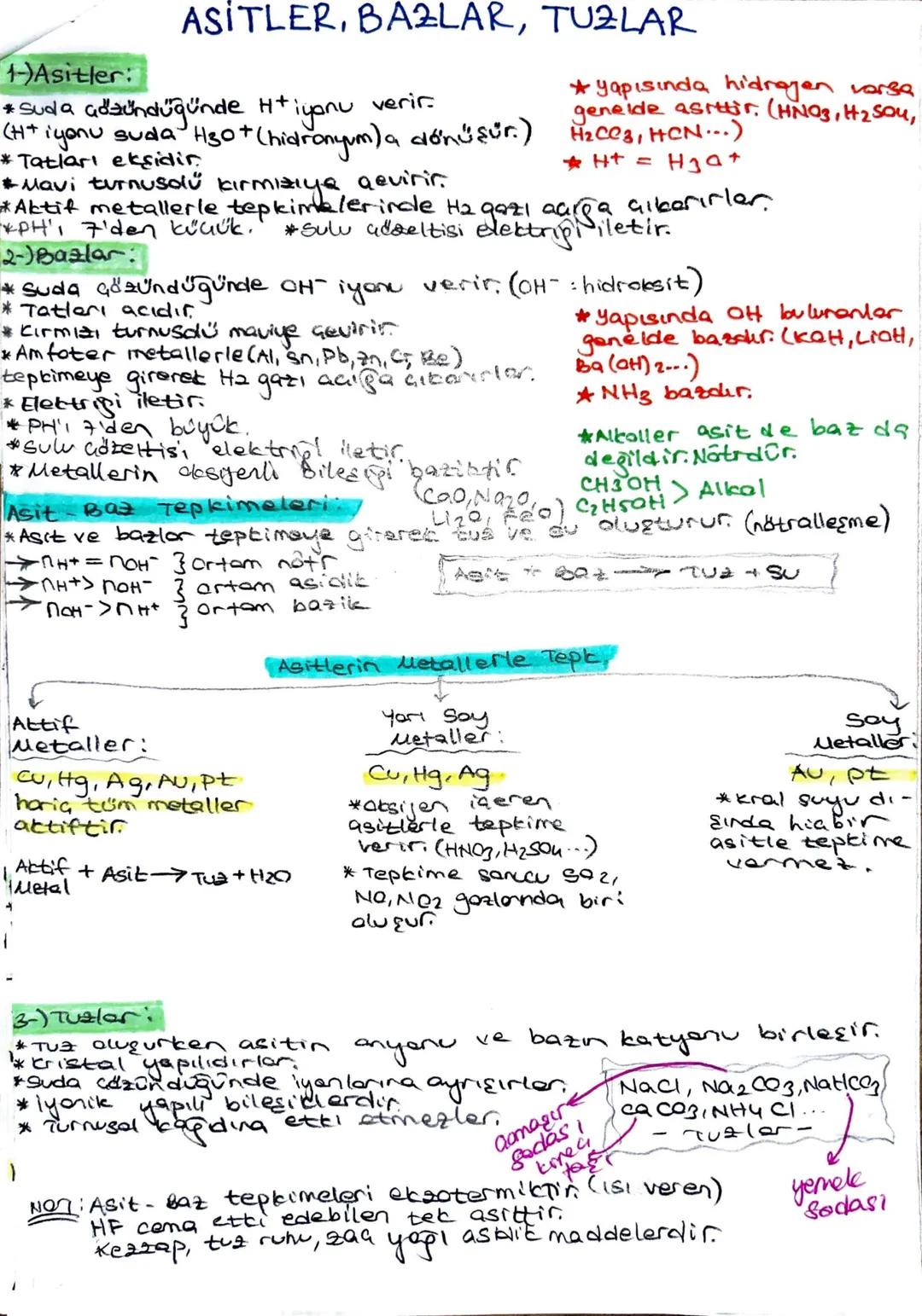 1-Asitler:
ASITLER, BAZLAR, TUZLAR
H+iyonu
verir.
* Suda Gaündüğünde
-iyonu suda H30 + (hidronyum) a dönüşür.)
(H+
* Tatları eksidir.
* Mavi