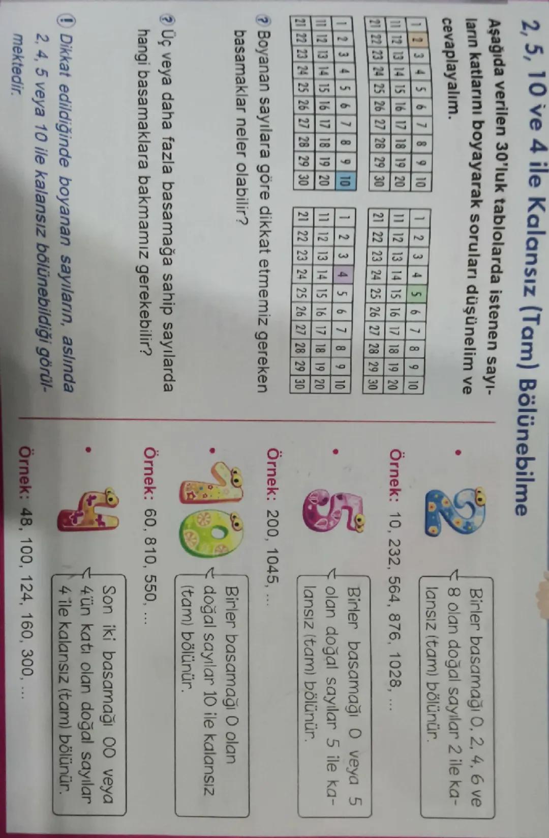# 2, 5, 10 ve 4 ile Kalansız (Tam) Bölünebilme

Aşağıda verilen 30'luk tablolarda istenen sayı-
ların katlarını boyayarak soruları düşünelim