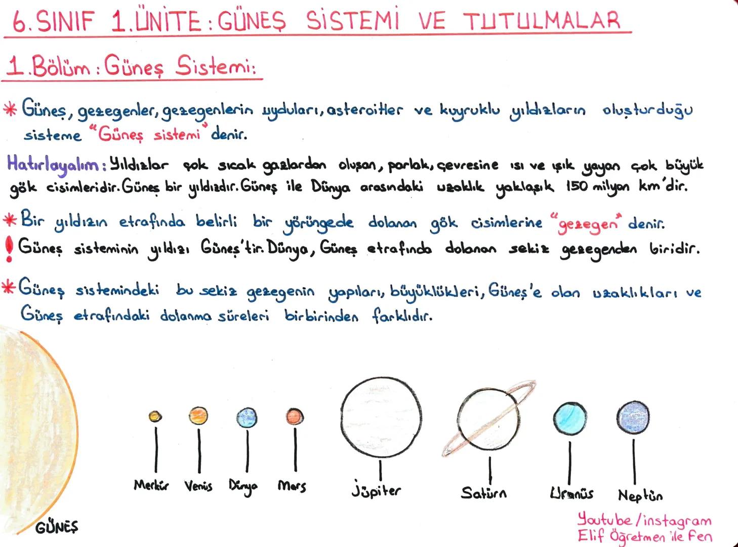 6.SINIF 1.ÜNİTE: GÜNEŞ SİSTEMİ VE TUTULMALAR
1.Bölüm: Güneş Sistemi:
* Güneş, gezegenler, gezegenlerin uyduları, asteroitler ve kuyruklu yıl