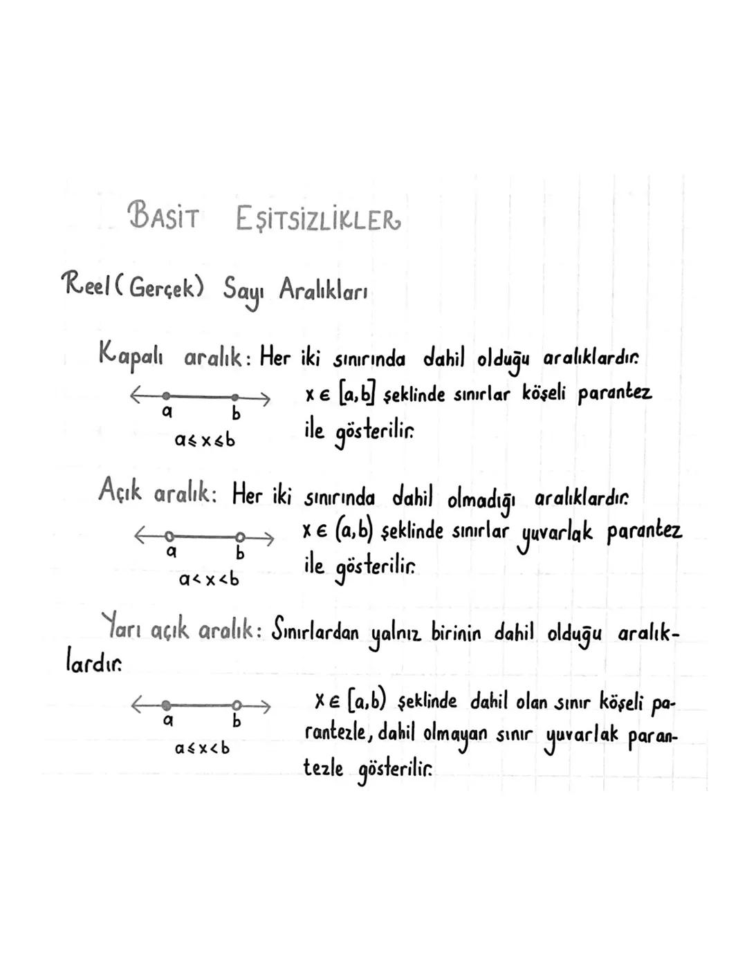 BASIT EŞITSİZLİKLER
Reel (Gerçek) Sayı Aralıkları
Kapalı aralık: Her iki sınırında dahil olduğu aralıklardır.
x€ [a,b] şeklinde sınırlar köş