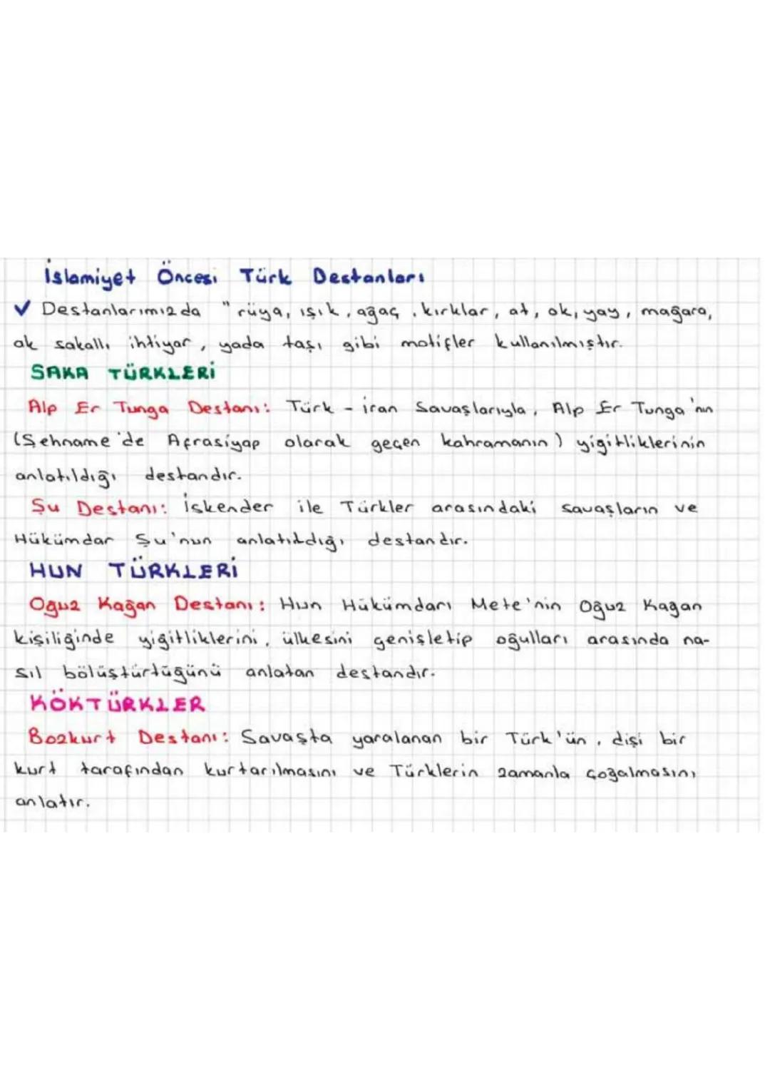 İslamiyet Öncesi Türk Destanlors
V Destanlarımızda
rüya, ışık, ağaç kırklar, at, ok, yay, magara,
ak sakall ihtiyar, yada taşı gibi motifler