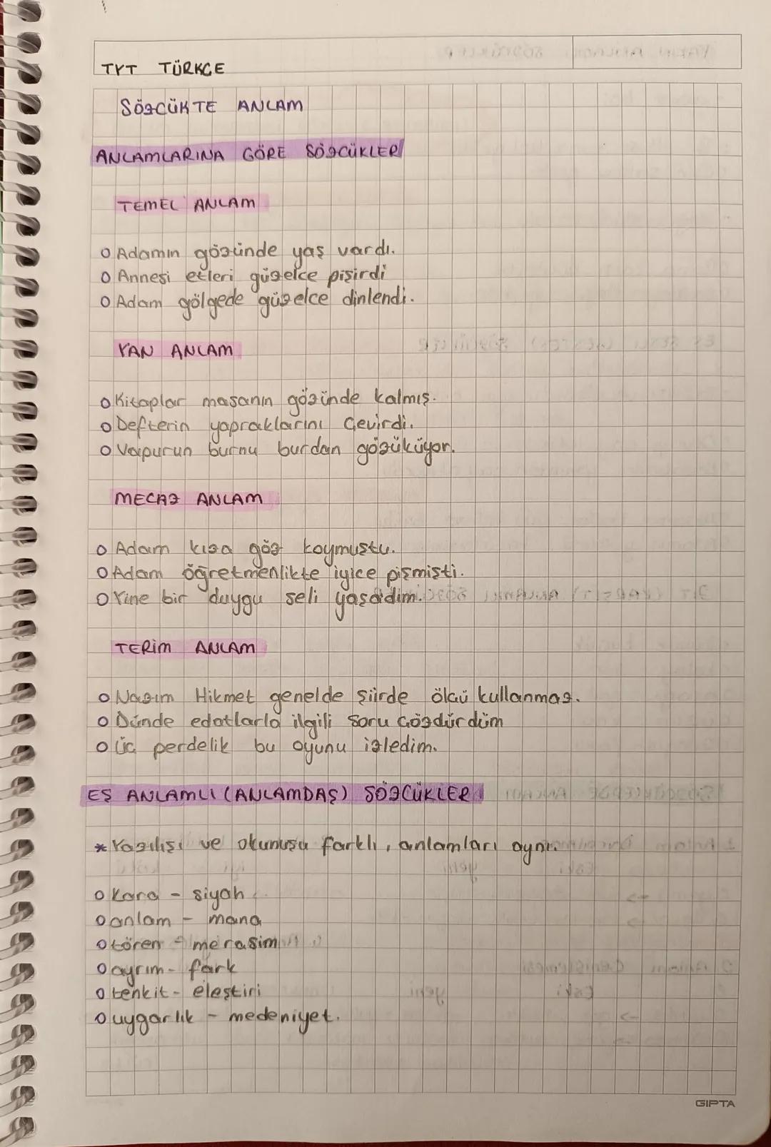 TYT TÜRKCE
SözcÜKTE ANLAM
ANLAMLARINA GÖRE SOICÜKLER
TEMEL ANLAM
o Adamın gözünde yaş
vardi.
o Annesi etleri güzelce pişirdi
O Adam gölgede 