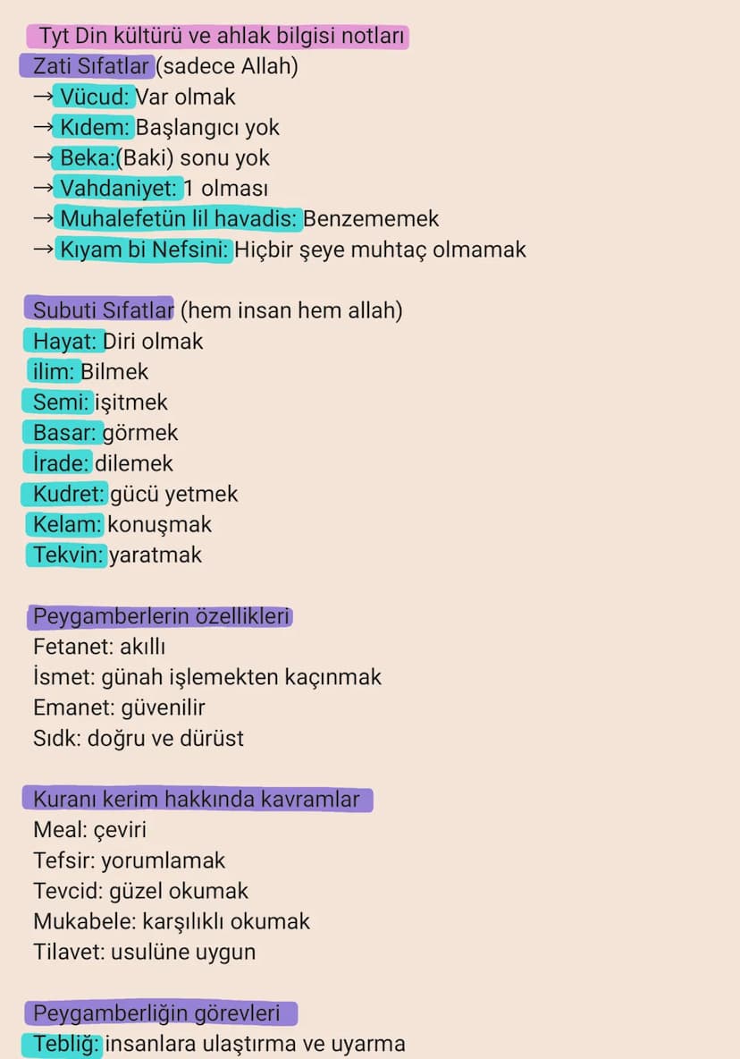 Tyt Din kültürü ve ahlak bilgisi notları
Zati Sıfatlar (sadece Allah)
Vücud: Var olmak
Kidem: Başlangıcı yok
Beka:(Baki) sonu yok
→ Vahdaniy