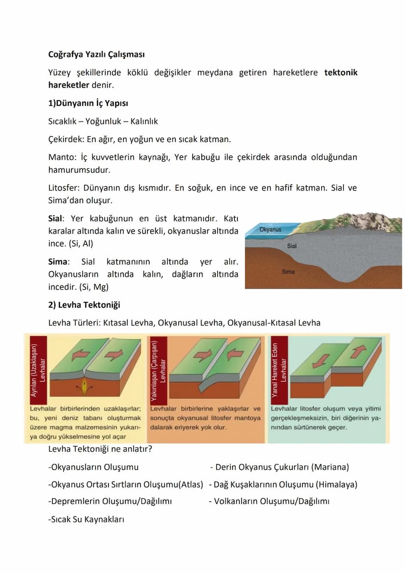 Ayrılan (Uzaklaşan)
Levhalar
-Sıcak Su Kaynakları
Coğrafya Yazılı Çalışması
Yüzey şekillerinde köklü değişikler meydana getiren hareketlere 