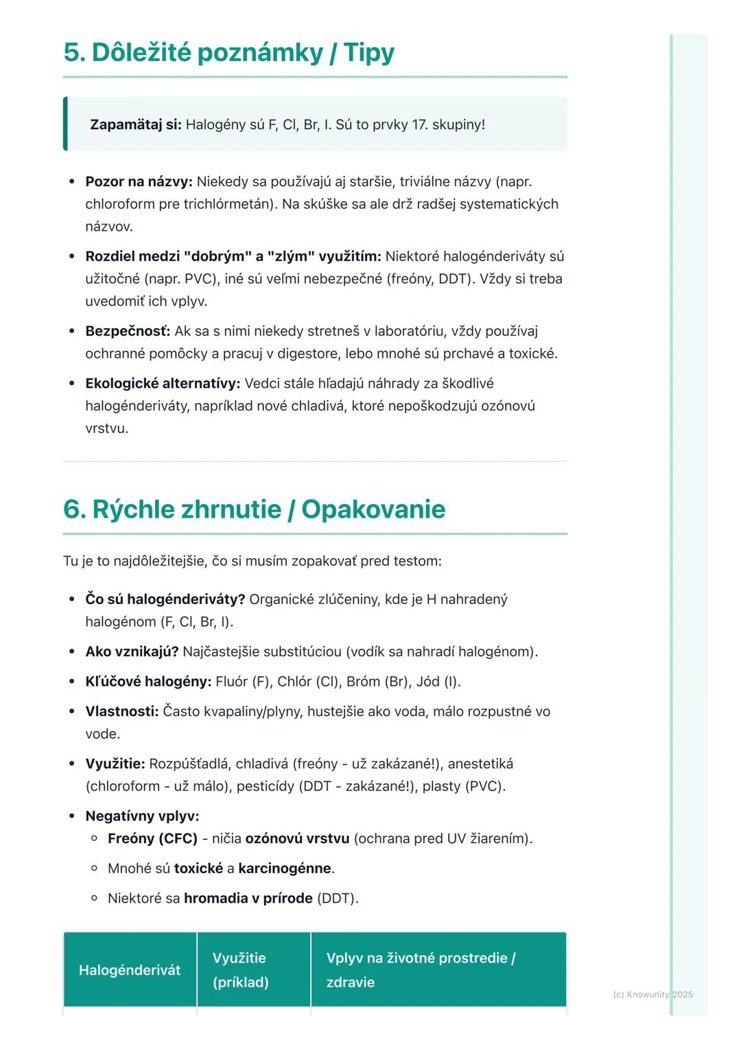 # Halogénderiváty

## 1. Prehľad / Úvod

Takže, dnes sa pozrieme na halogénderiváty. Sú to organické zlúčeniny, čo
znamená, že obsahujú uhlí