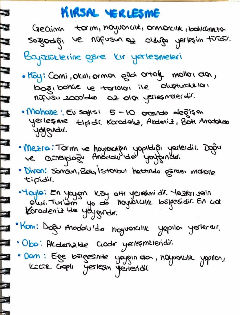 KIRSAL YERLEŞME
Soğladığı
Geaimin tarım, noyvancılık, ormorcilik, balikcilli to
ve nüfusun az olduğu yerleşim turidar.
Boyüklüklerine göre k