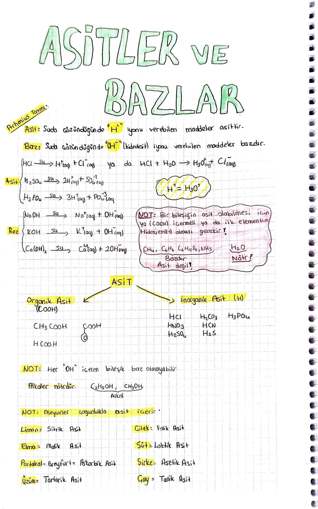 ASITLER VE
BAZLAR
Arhenius Tonimi:
Asit: Sudo Gözündüğünde "H" iyonu verebilen maddeler asittir.
Baz: Suda Gözün düğünde "OH" "(hidroksit) i