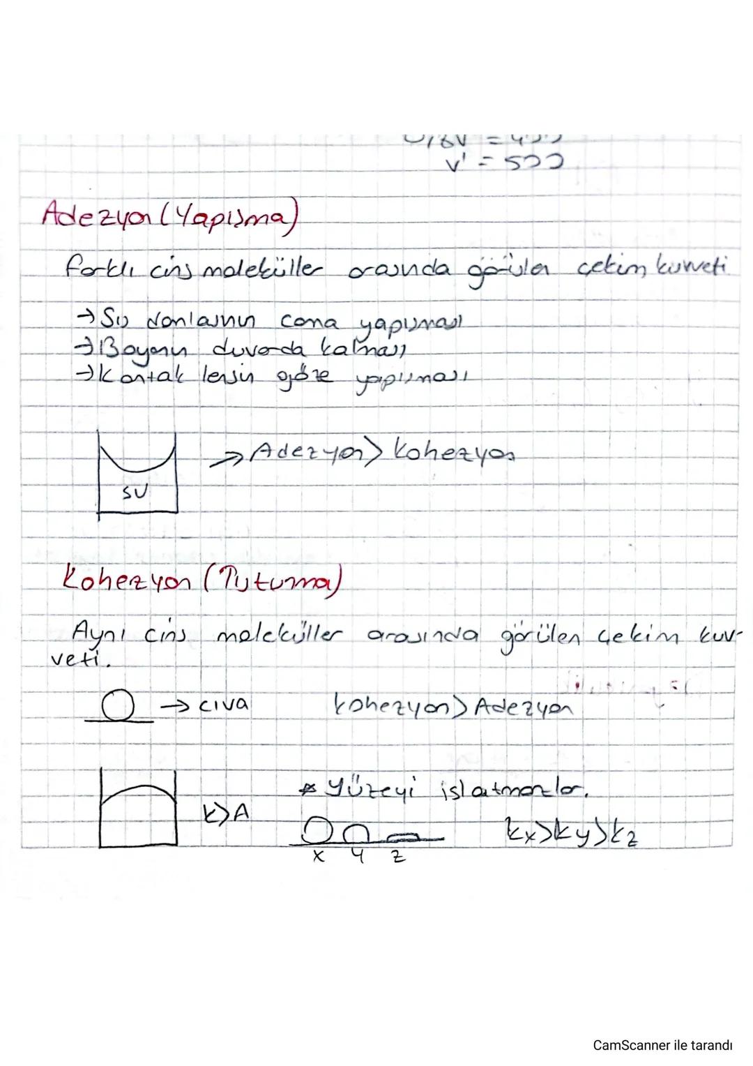 416V = 4'2')
V = 522
Adezyon (Yapısma)
farklı cins moleküller arasında görüsler çekim kuweti
→ Six donlashin cona yapumas
+ Boyan duvarda ka