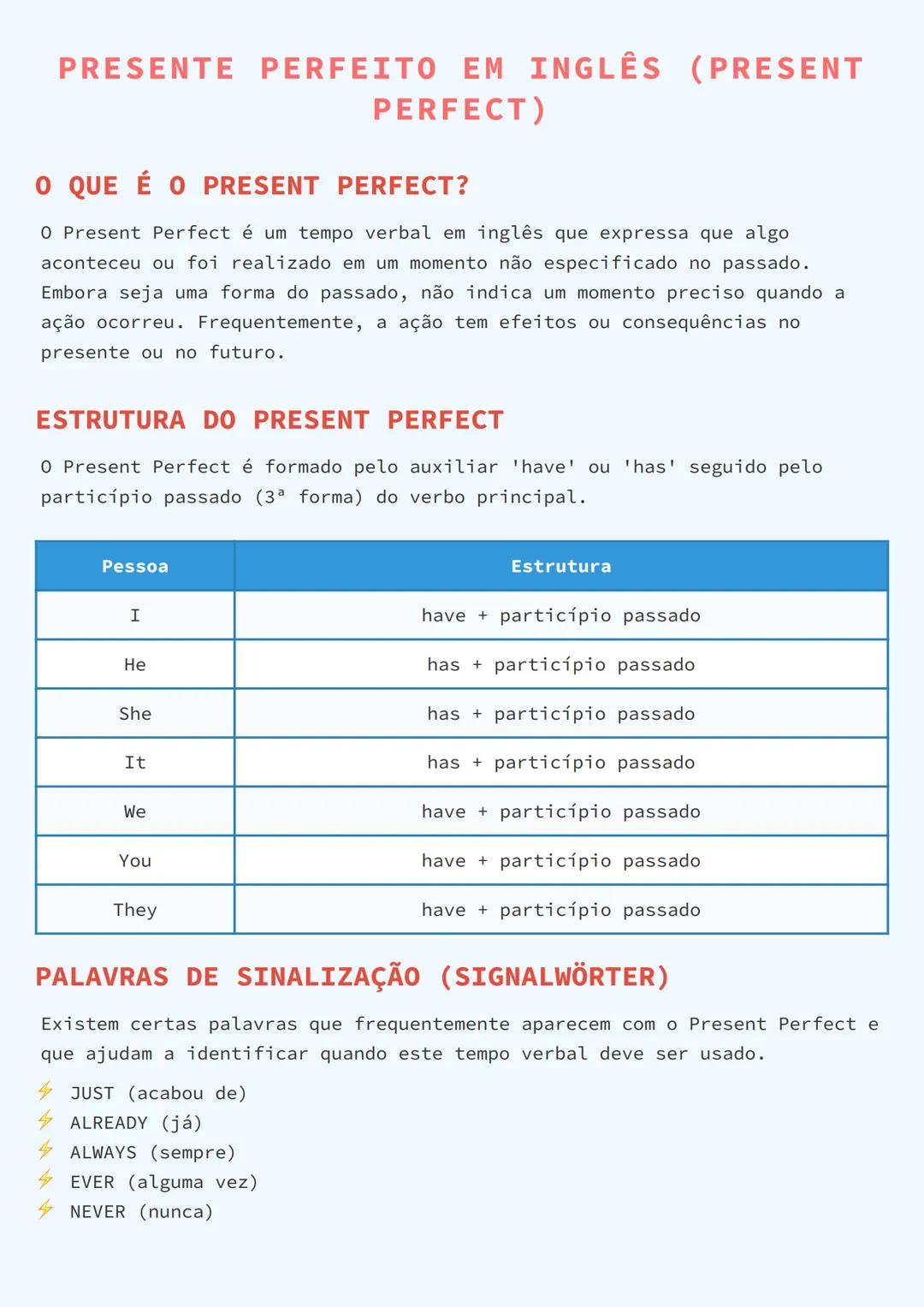 # PRESENTE PERFEITO EM INGLÊS (PRESENT
PERFECT)

# O QUE É O PRESENT PERFECT?

O Present Perfect é um tempo verbal em inglês que expressa qu