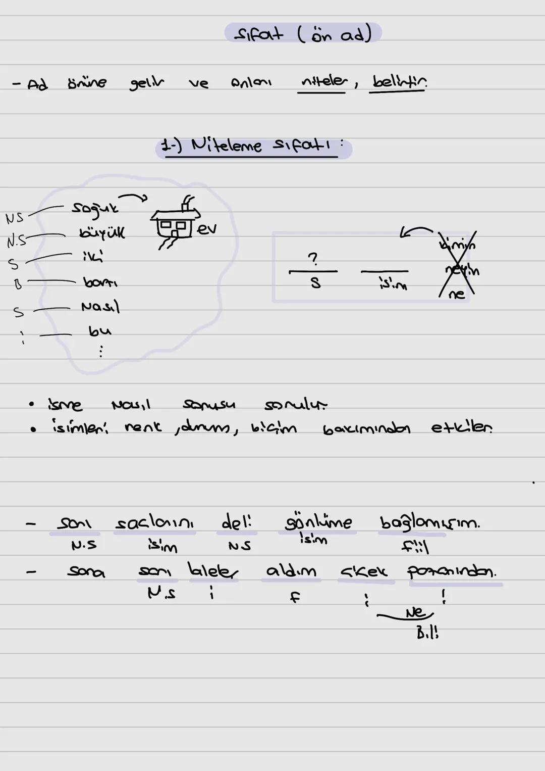 Sifat (ön ad)
- Ad
önüne
geli
ve Onlai niteler, belintir
1) Niteleme sifati :
NS
Soğuk
N.S
büyük
ev
Se
S
iki
borti
Nasil
b4
?
S
• isme
•
NOU