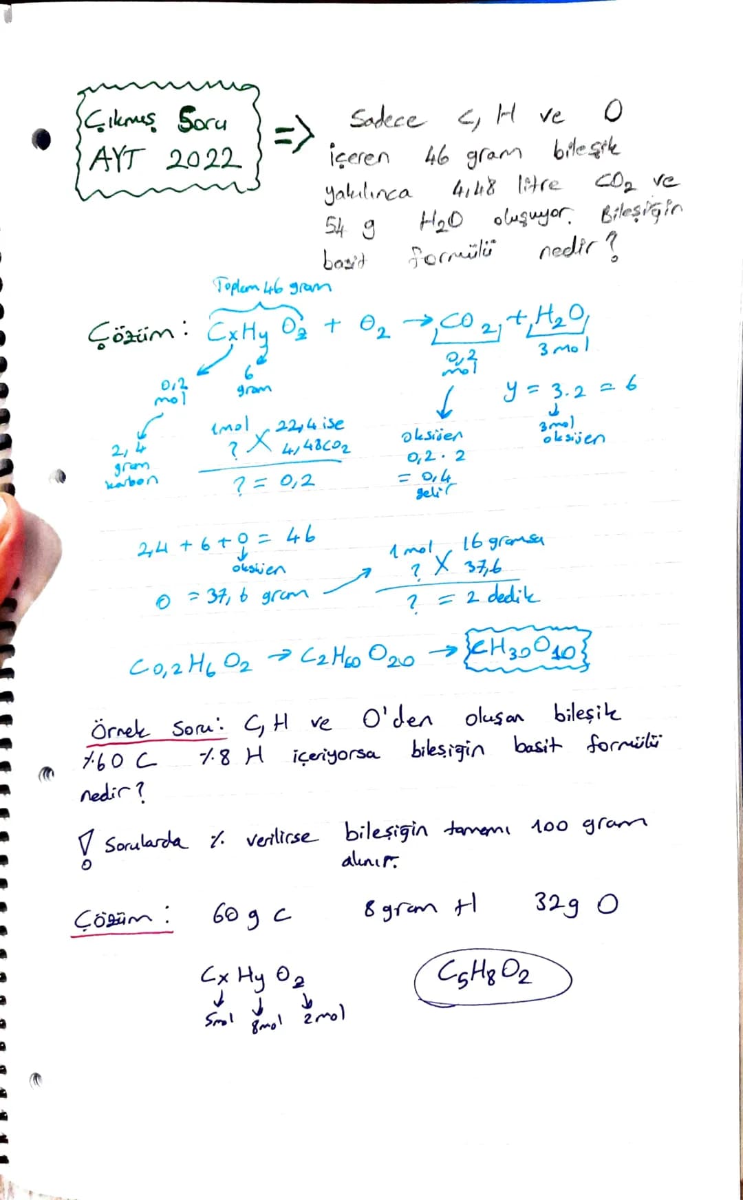 CH2 C3H6
Basit
Molekül Formülü
Formül
Molekül
Kütlesi verilirse
Yanma Tepkimeleri:
Karbon ve
Hidrojenden
oluşan bir bileşik yakıl-
diginda C