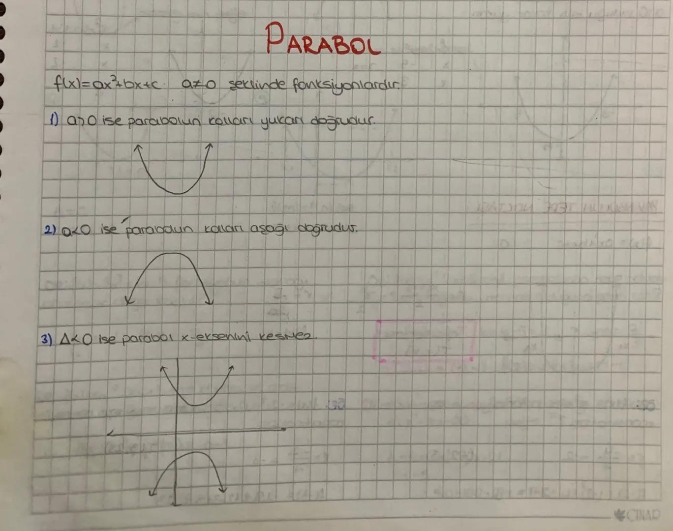 PARABOL
f(x)=ax²+bx+c azo şeklinde fonksiyonlardır.
1) ano ise parabolun colları yukarı doğrudur.
2) ako ise parabolun kolları aşağı doğrudu