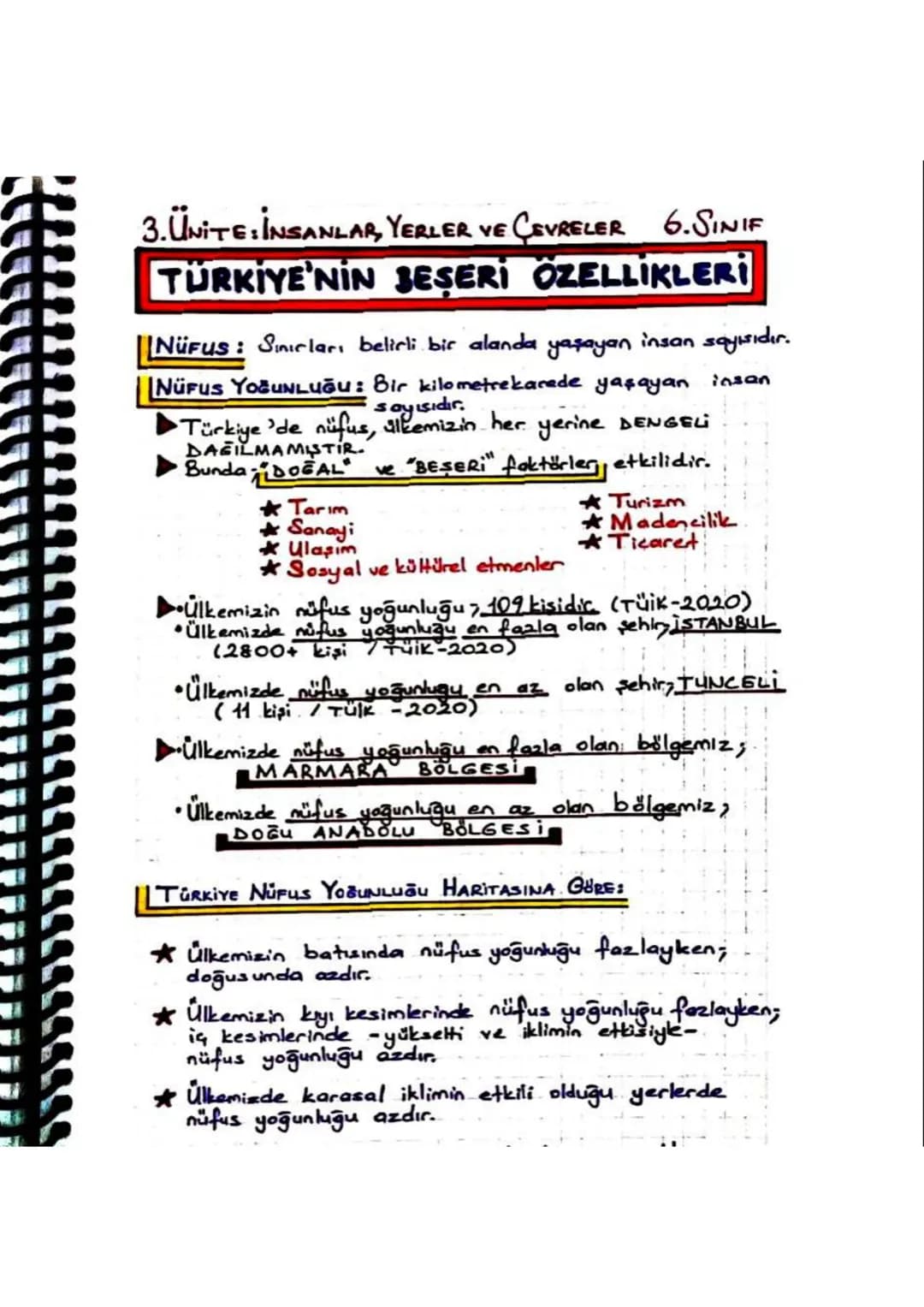 3. ÜNİTE İNSANLAR, YERLER VE ÇEVRELER 6. SINIF
TÜRKİYE'NİN BEŞERİ ÖZELLİKLERİ
||NÜFUS: Sincları belirli bir alanda yaşayan insan sayısıdır.
