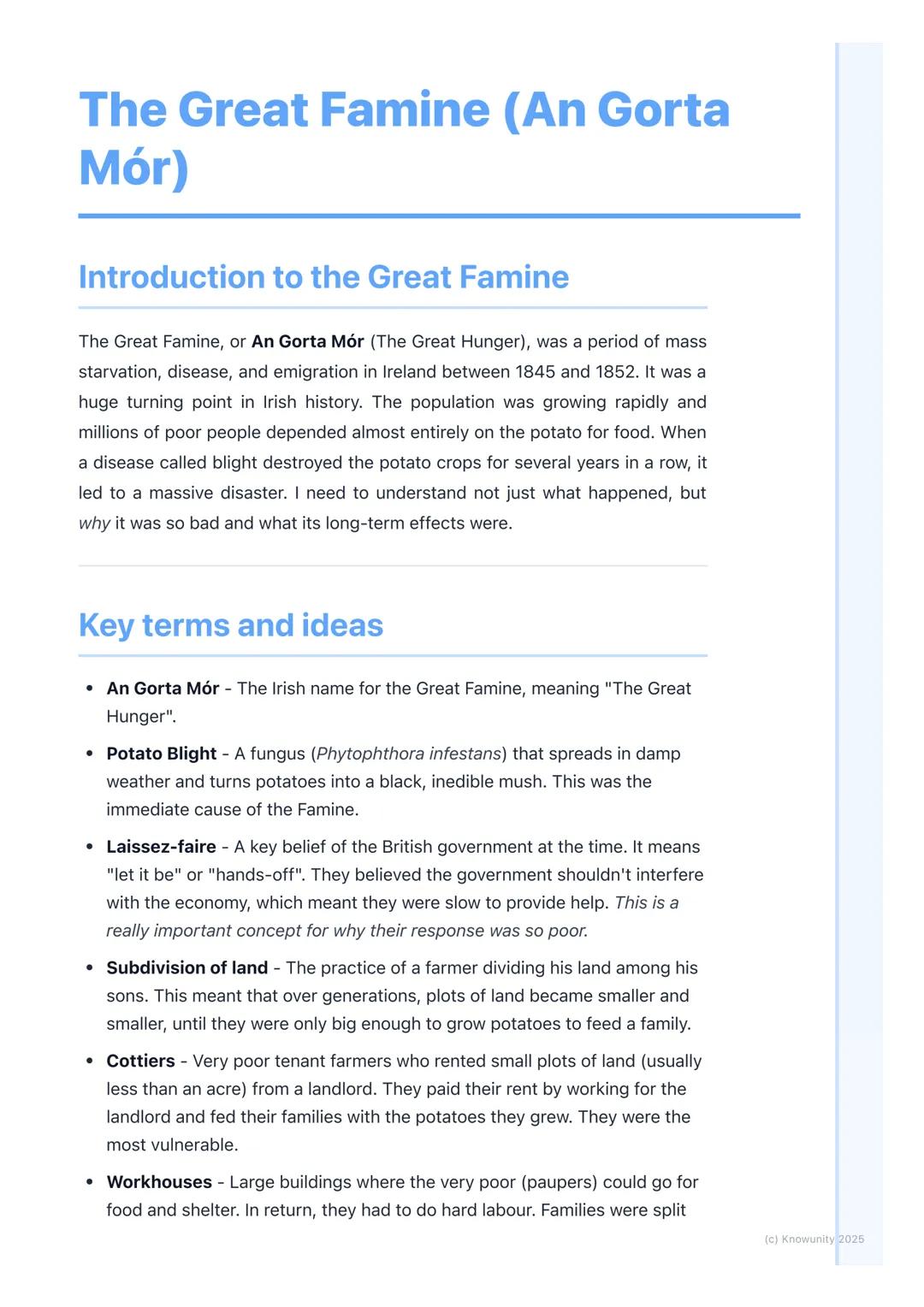 # The Great Famine (An Gorta
Mór)

## Introduction to the Great Famine

The Great Famine, or An Gorta Mór (The Great Hunger), was a period o