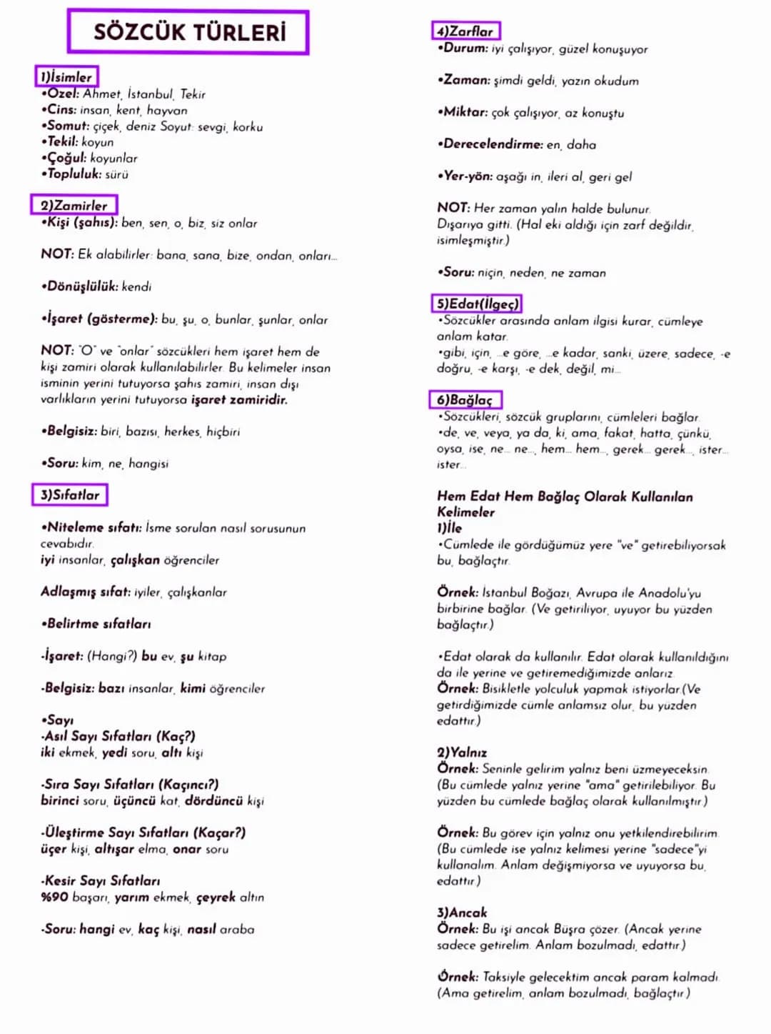 1)İsimler
SÖZCÜK TÜRLERİ
Ozel: Ahmet, İstanbul Tekir
Cins: insan, kent, hayvan
Somut: çiçek, deniz Soyut: sevgi, korku
•Tekil: koyun
⚫Çoğul: