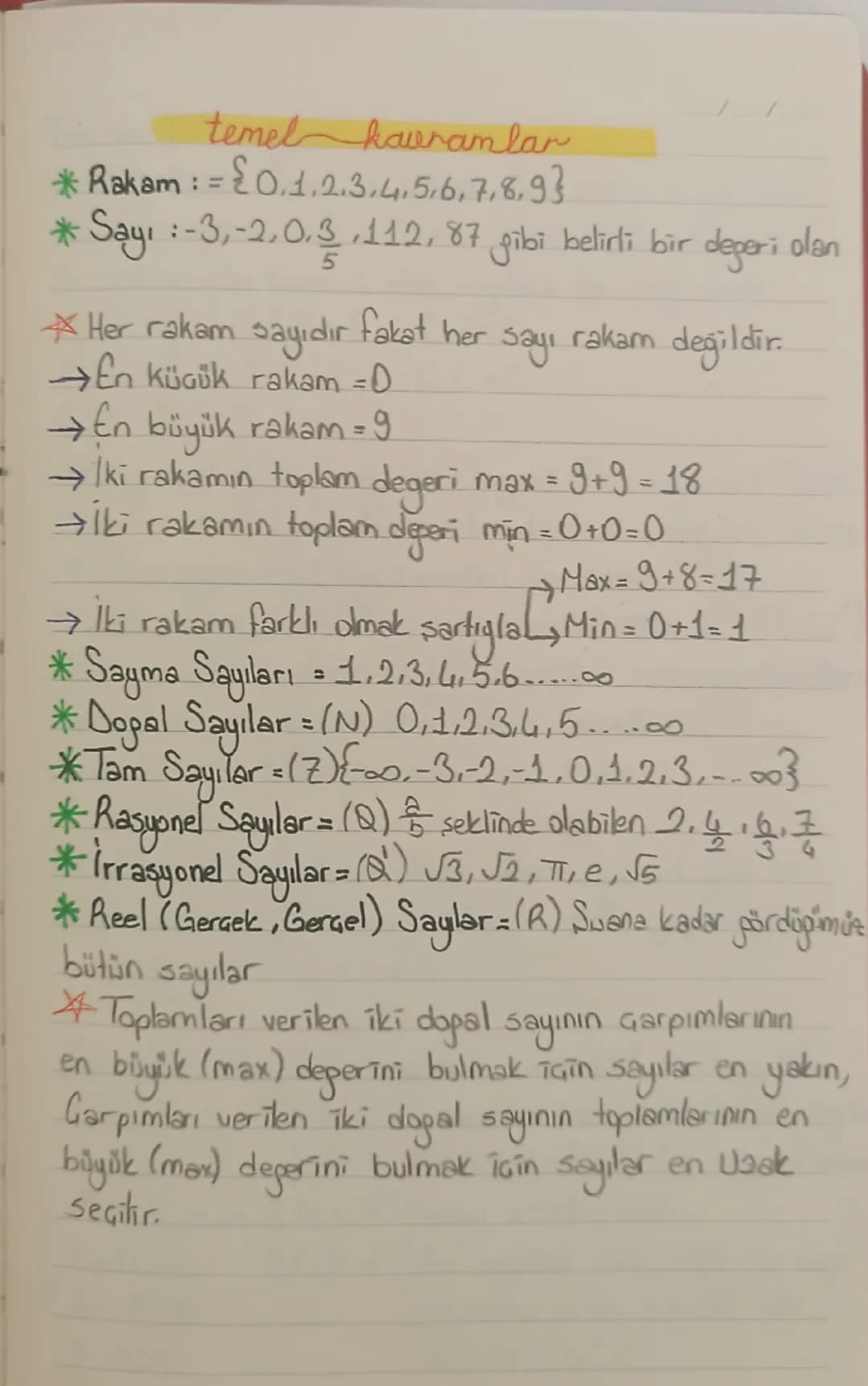 temel kavramlar
* Rakam = {0.1.2.3,4,5,6,7,8,9}
:
* Sayı :-3,-2,0,3,112, 87 gibi belirli bir değeri olan
5
Her rakam
sayıdır
fakat her
sayi
