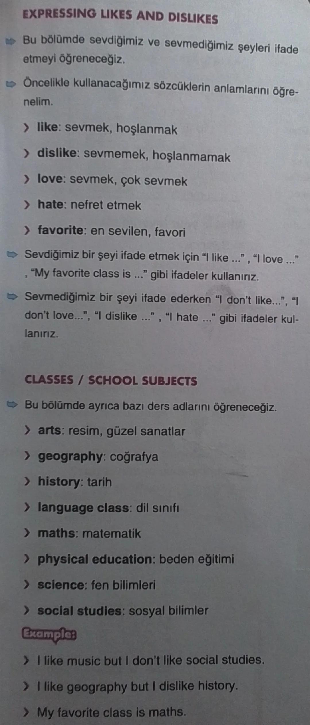 5. Sınıf İngilizce: 1. Ünite İçeriği