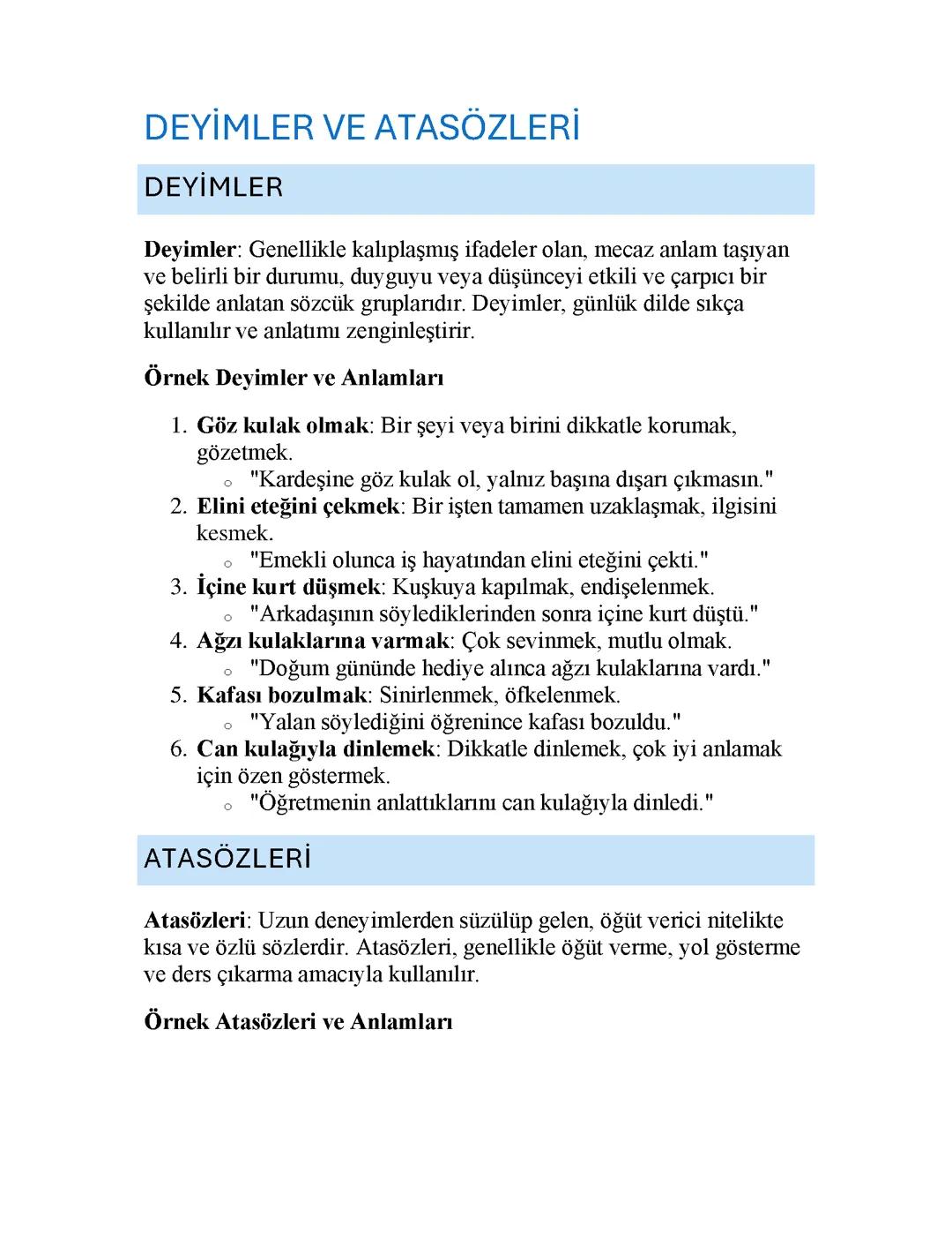 6. Sınıf Deyimler ve Atasözleri: Konu Anlatımı ve Testler PDF