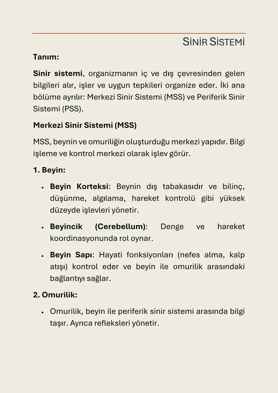 SİNİR SİSTEMİ
Tanım:
Sinir sistemi, organizmanın iç ve dış çevresinden gelen
bilgileri alır, işler ve uygun tepkileri organize eder. İki ana