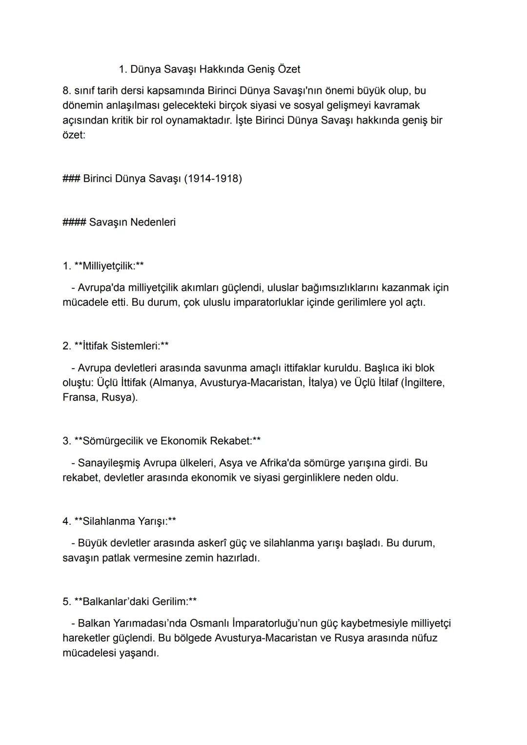 1. Dünya Savaşı hakkında geniş özet