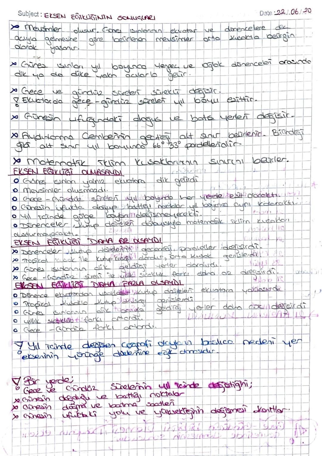 Subject: EKSEN EGILÜĞİNİN SONUÇLARI
Date 22/06/20
➤ Mevsimler olusur. Gones sinonton ekvator ve dönencelere dik
acıyla gelmesine göre belirl